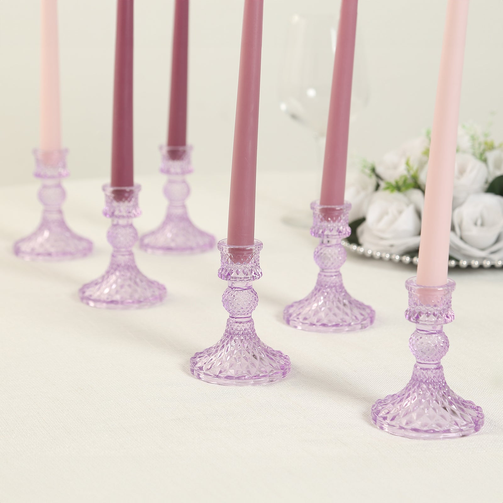 6-Pack Glass Taper Candlestick Holders Diamond Pattern Design Lavender Lilac - Reversible Crystal Pillar Votive Stands 4