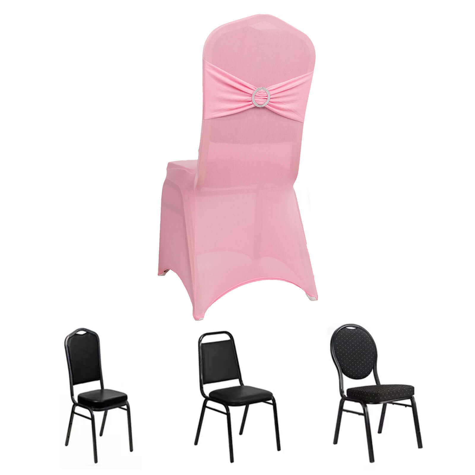 Spandex Chair Cover with Pink Rhinestone Buckled Sash Band Blush - Stretch Fitted Slipcover