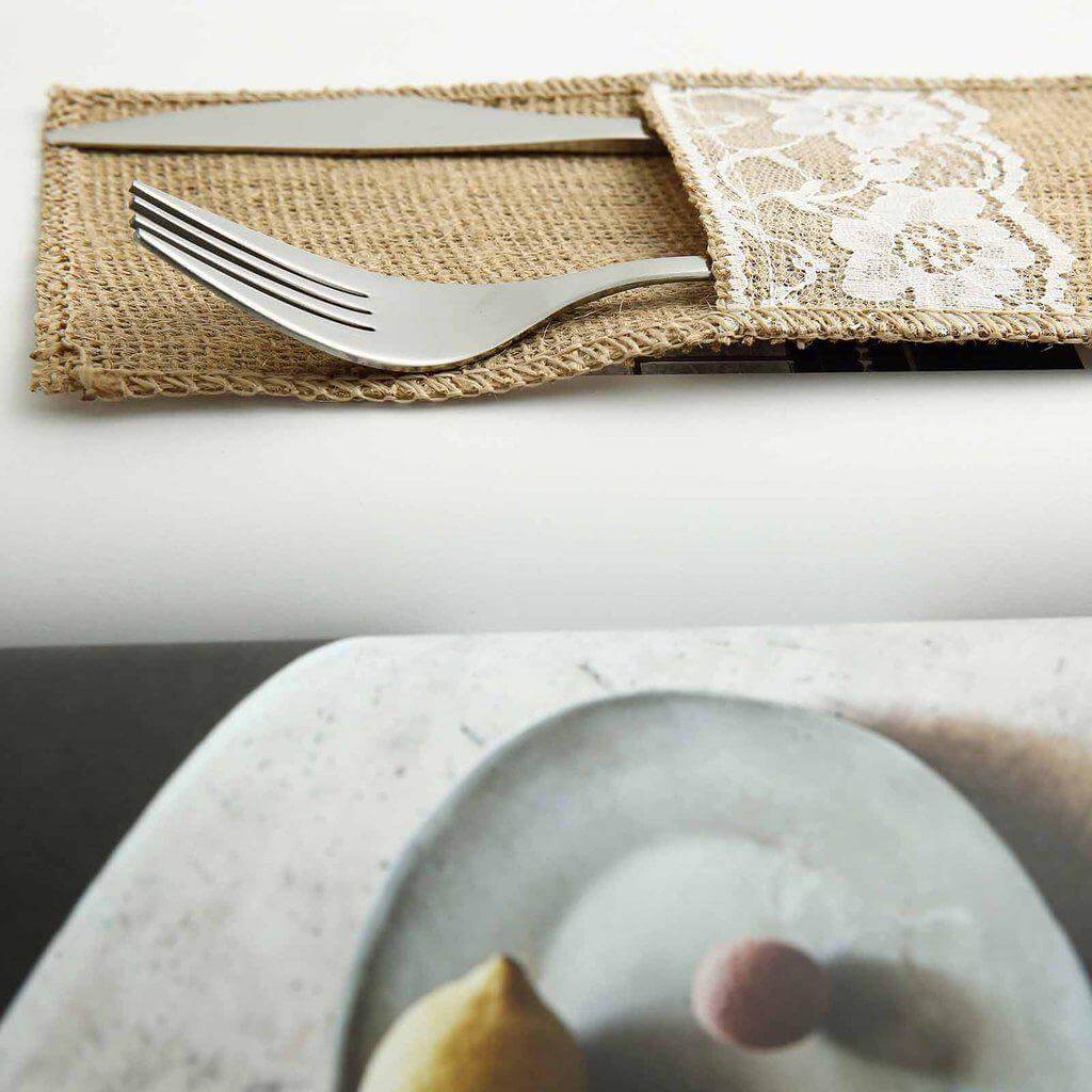 10 Pack 4x8 Natural Burlap Lace Single Set Silverware Holder Pouch