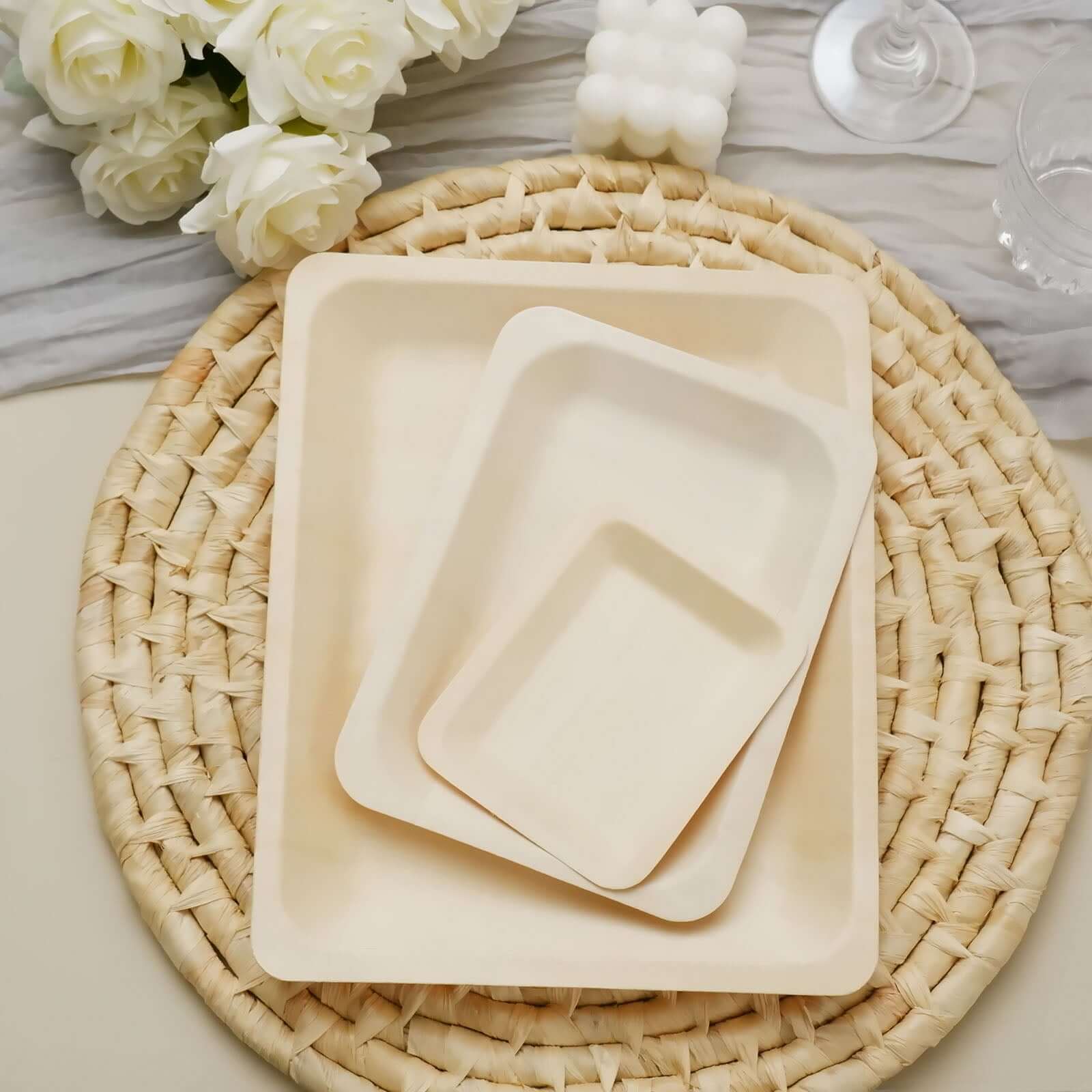 12-Pack Birchwood 8x10 Rectangle Dinner Plates - Natural Eco Friendly Wooden Disposable Plates for Farmhouse-Style Events, Parties & Gatherings