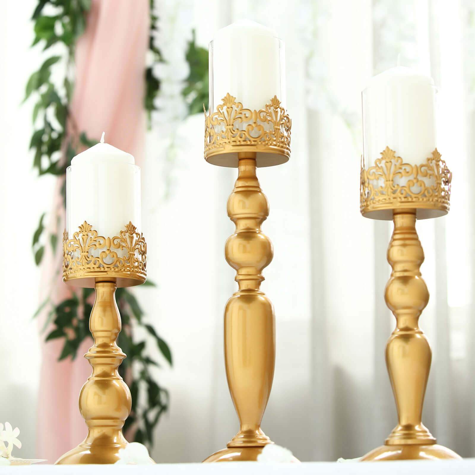 Set of 3 Lace Hurricane Candle Holders Antique Gold with Glass Shades - Chic Pillar Candle Stands 12, 14, 17