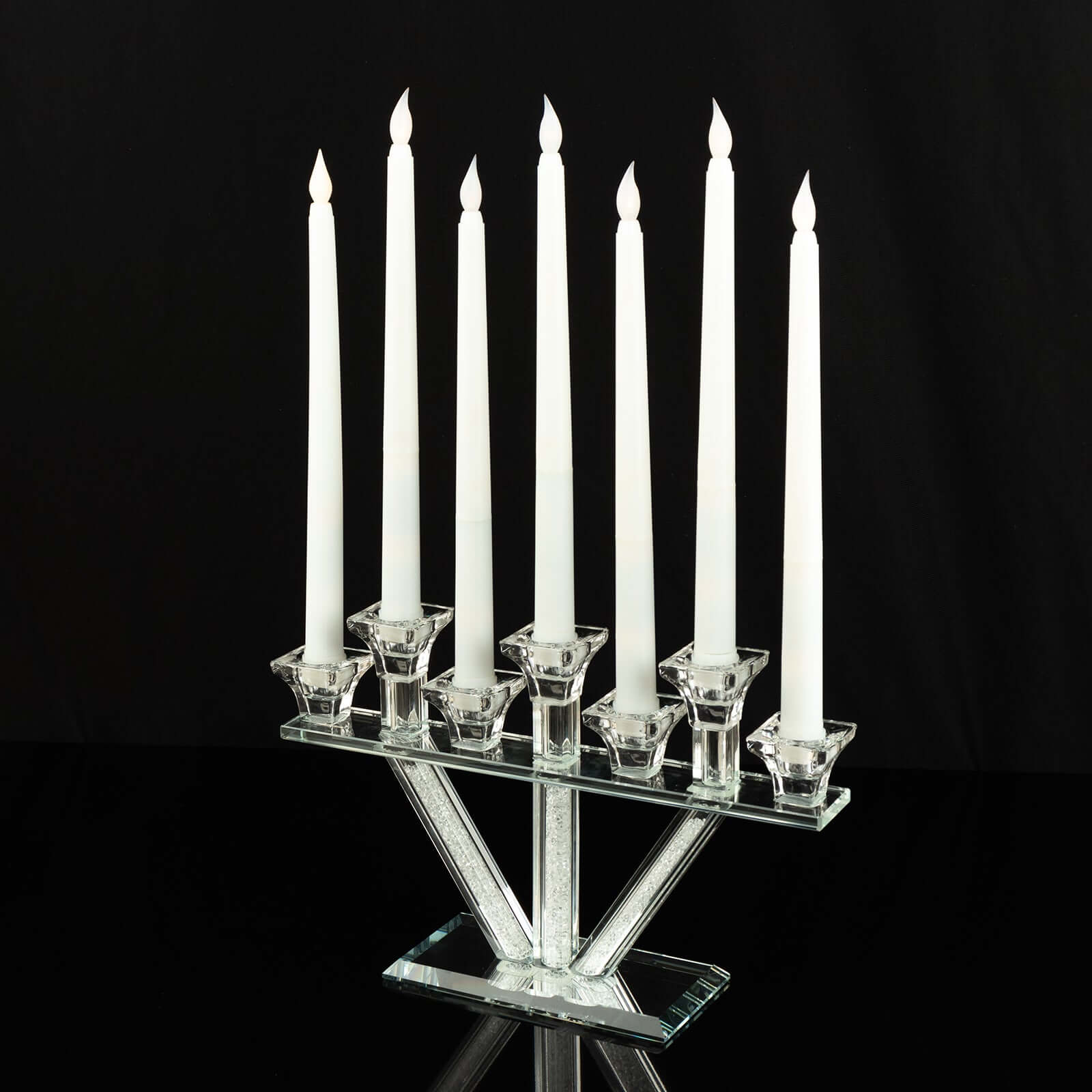 Crystal Glass Candelabra, 7-Branch Taper Candle Stick Holder Stand Table Centerpiece With Crystal Filler and Mirror Base 12