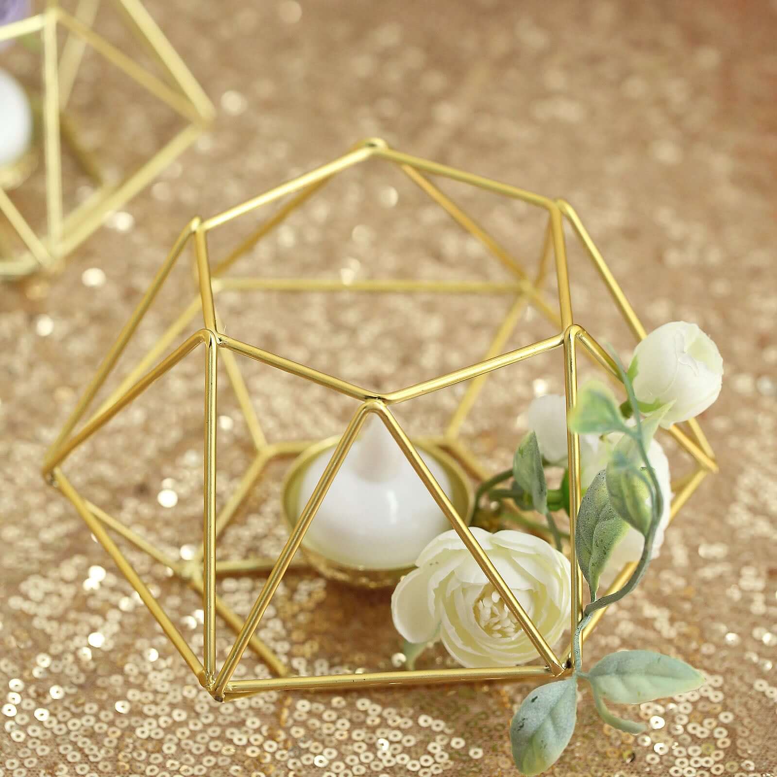 Set of 2 Candle Holders Metal Hexagon Geometric Design Gold - Modern Decorative Centerpieces for Tables 4x3