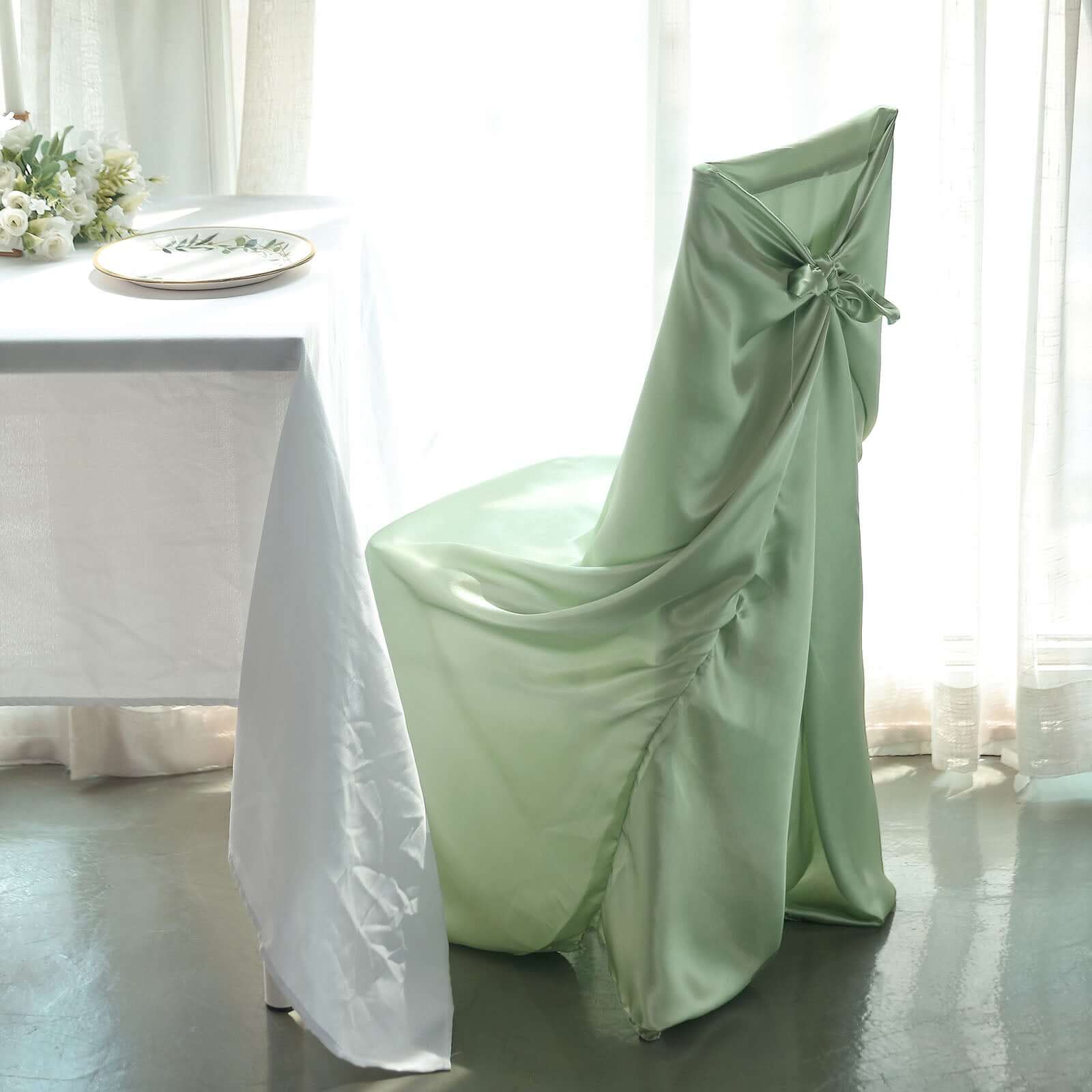 Satin Chair Cover Self-Tie Universal Design Sage Green - Durable Slip-On Cover for Folding, Dining, Banquet & Standard Chairs