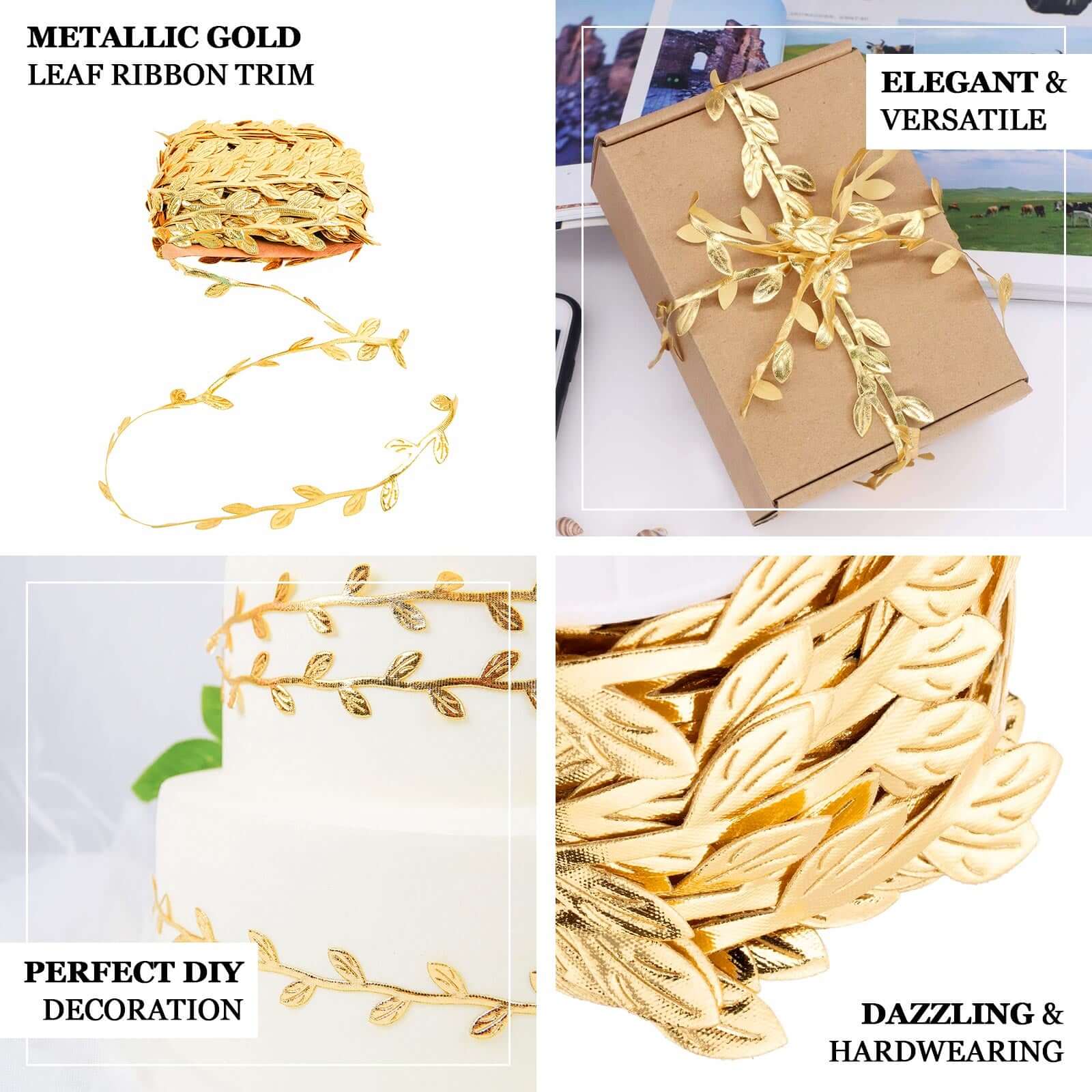 67ft Olive Gold Leaf Ribbon Trim, Artificial Vines Leaf Garland For DIY Craft Party Wedding Home Decor