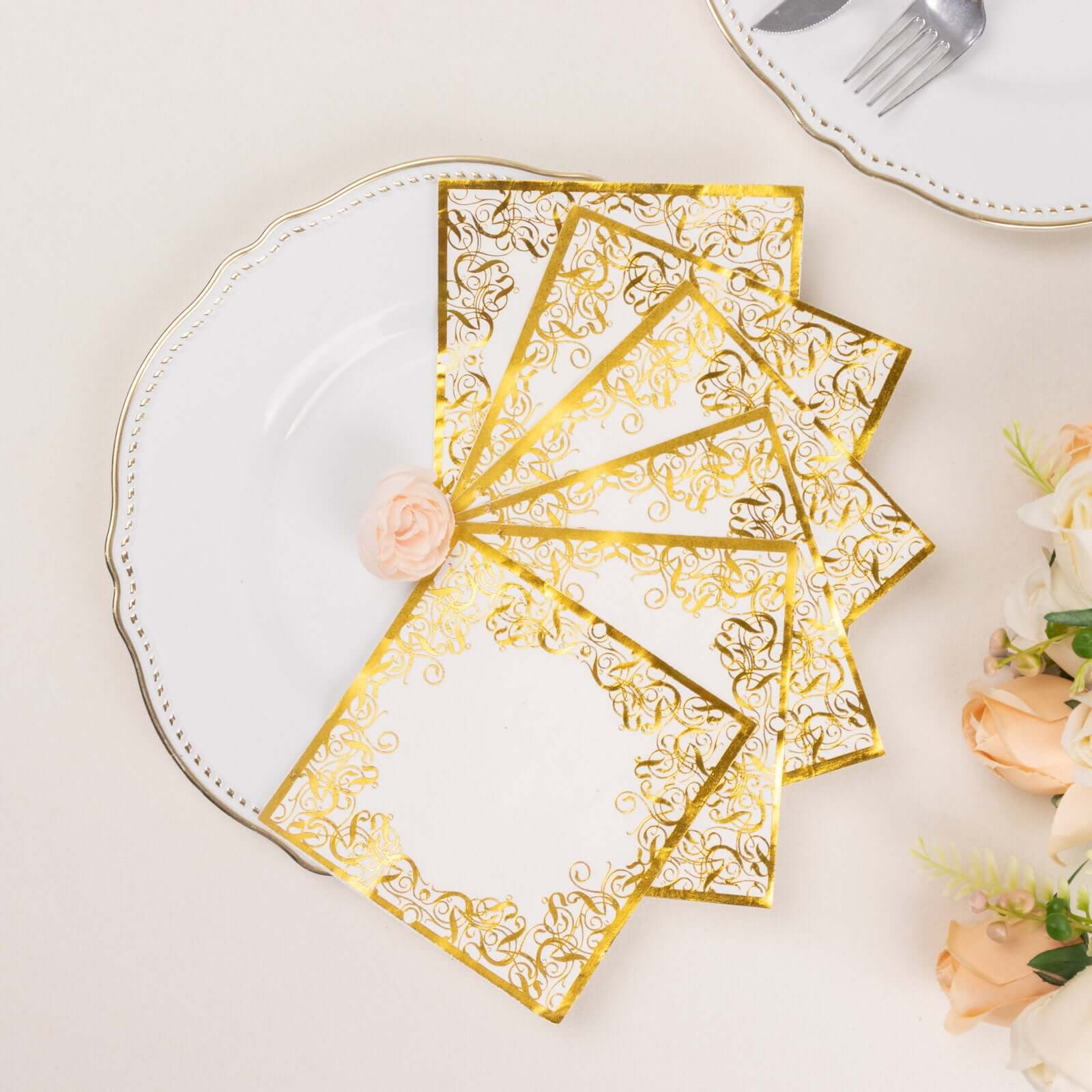 20-Pack Paper Beverage Napkins with Gold Foil Lace Design White - 3 Ply Disposable 18GSM European Style Cocktail Napkins 5x5