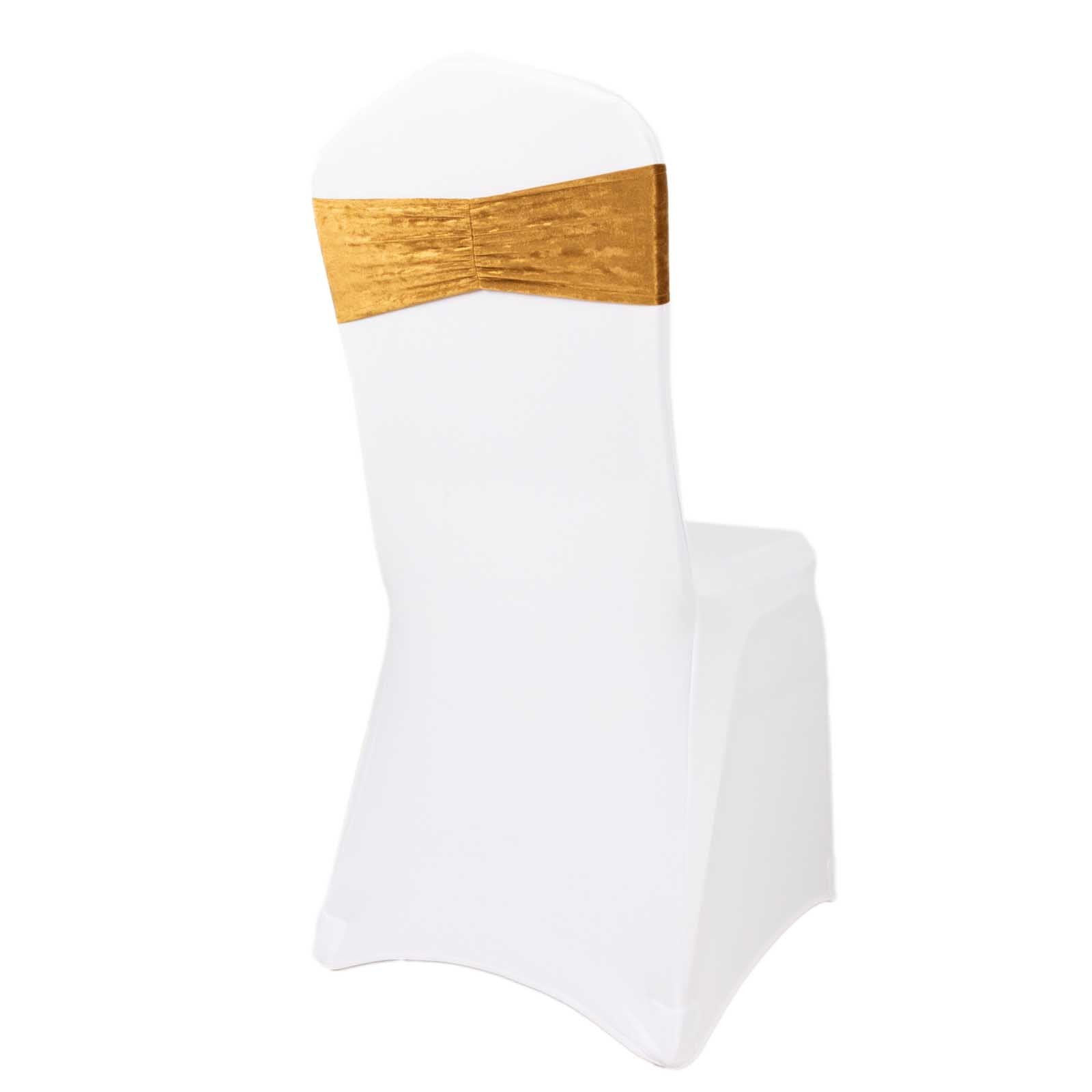 5 Pack Premium Crushed Velvet Chair Sashes Gold Ruffle Style - Wrinkle-Free Textured Stretch Chair Bands for Stunning Event Decor