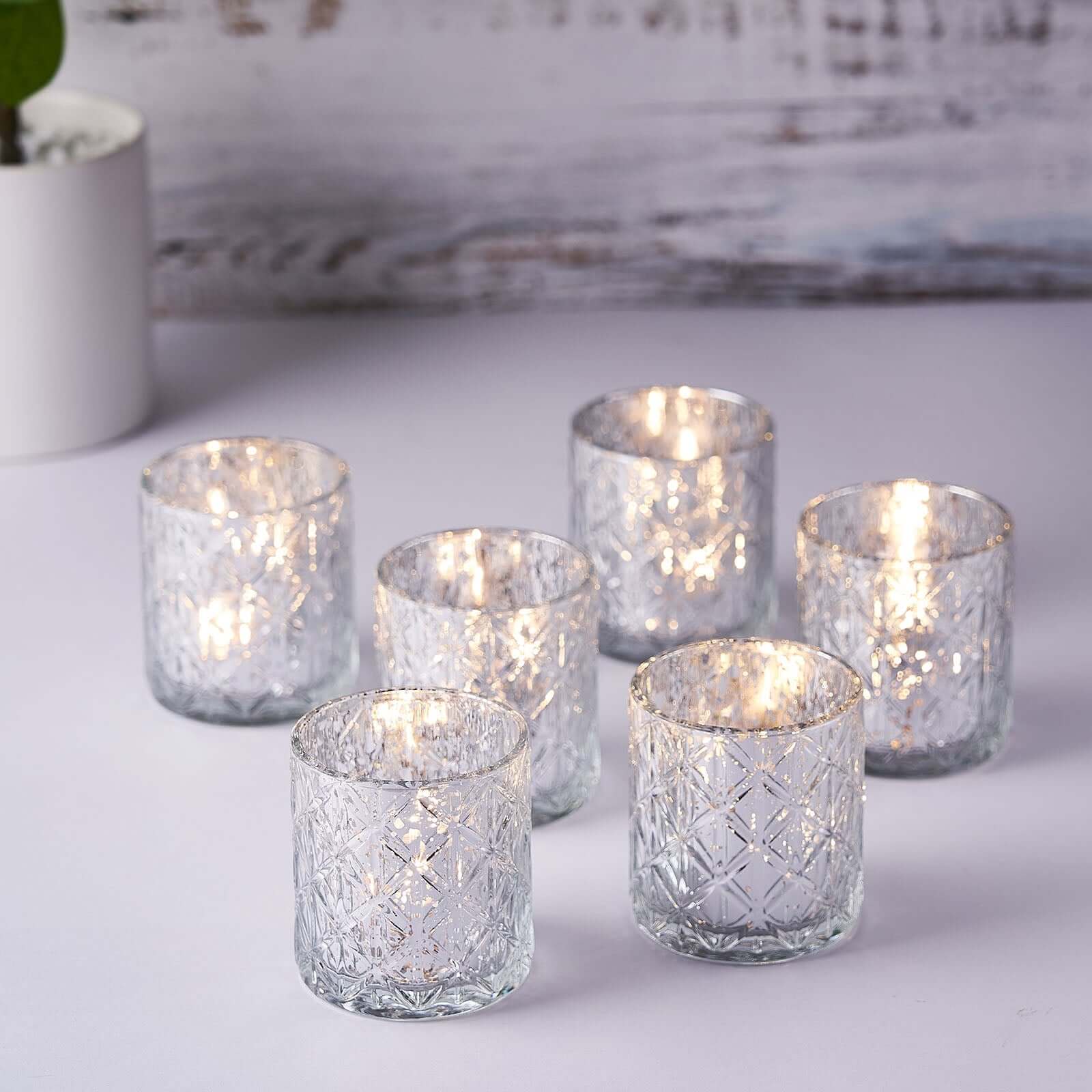 6-Pack Mercury Glass Candle Holders Shiny Silver with Geometric Design - Votive Tealight Holders 3