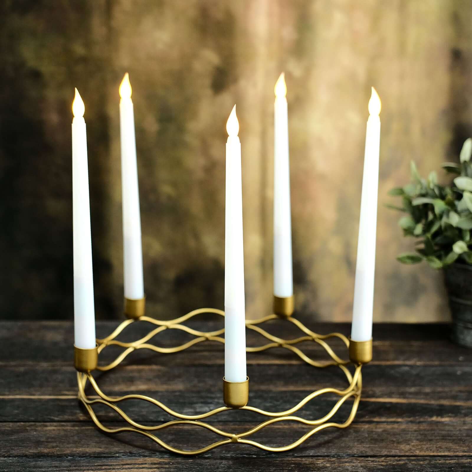 Round Wreath Taper Candelabra 5 Arm Gold Metal Decorative Centerpiece - Tabletop Candle Holder 12