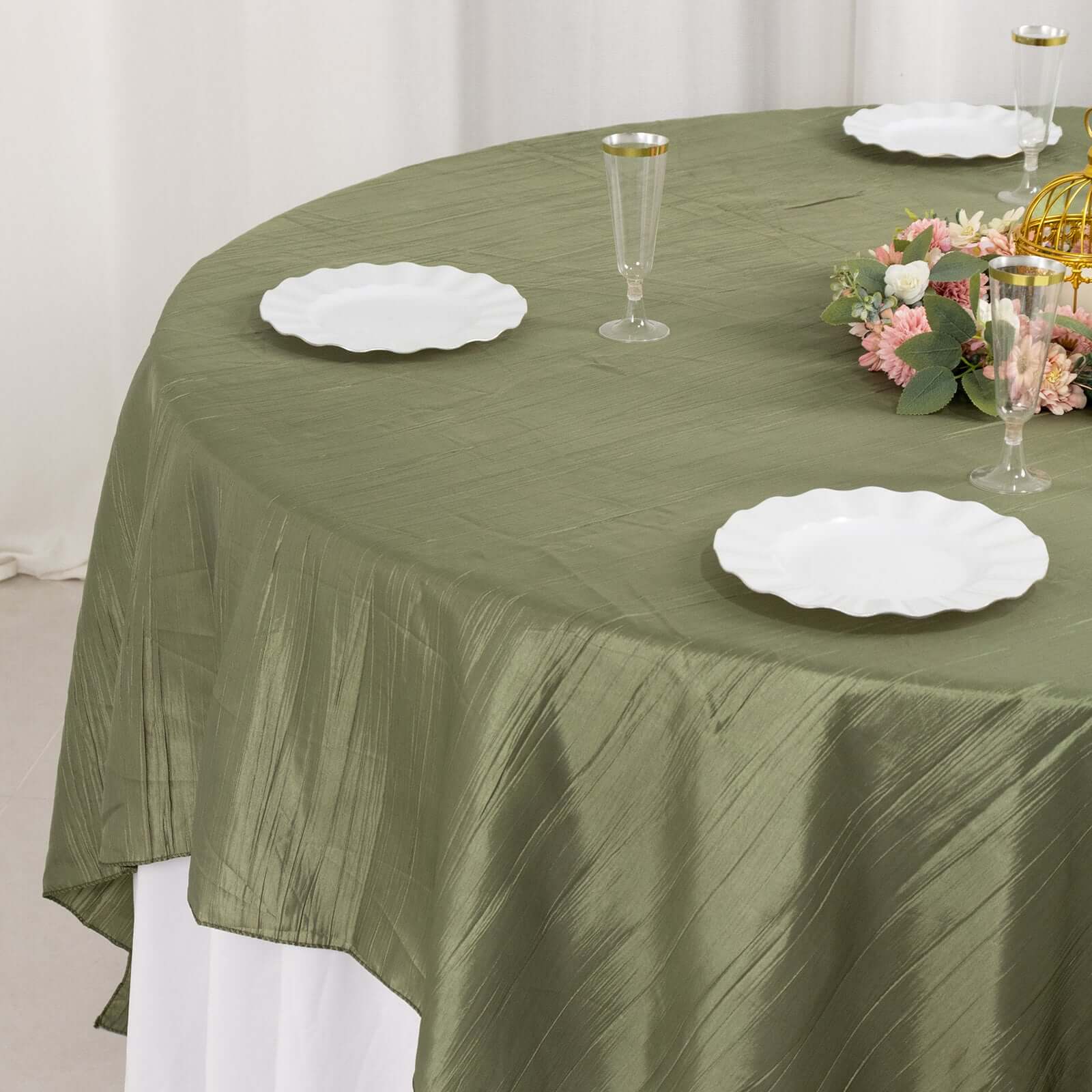 Taffeta 90x90 Table Overlay Square Tablecloth Dusty Sage Green - Accordion Crinkle Table Cover