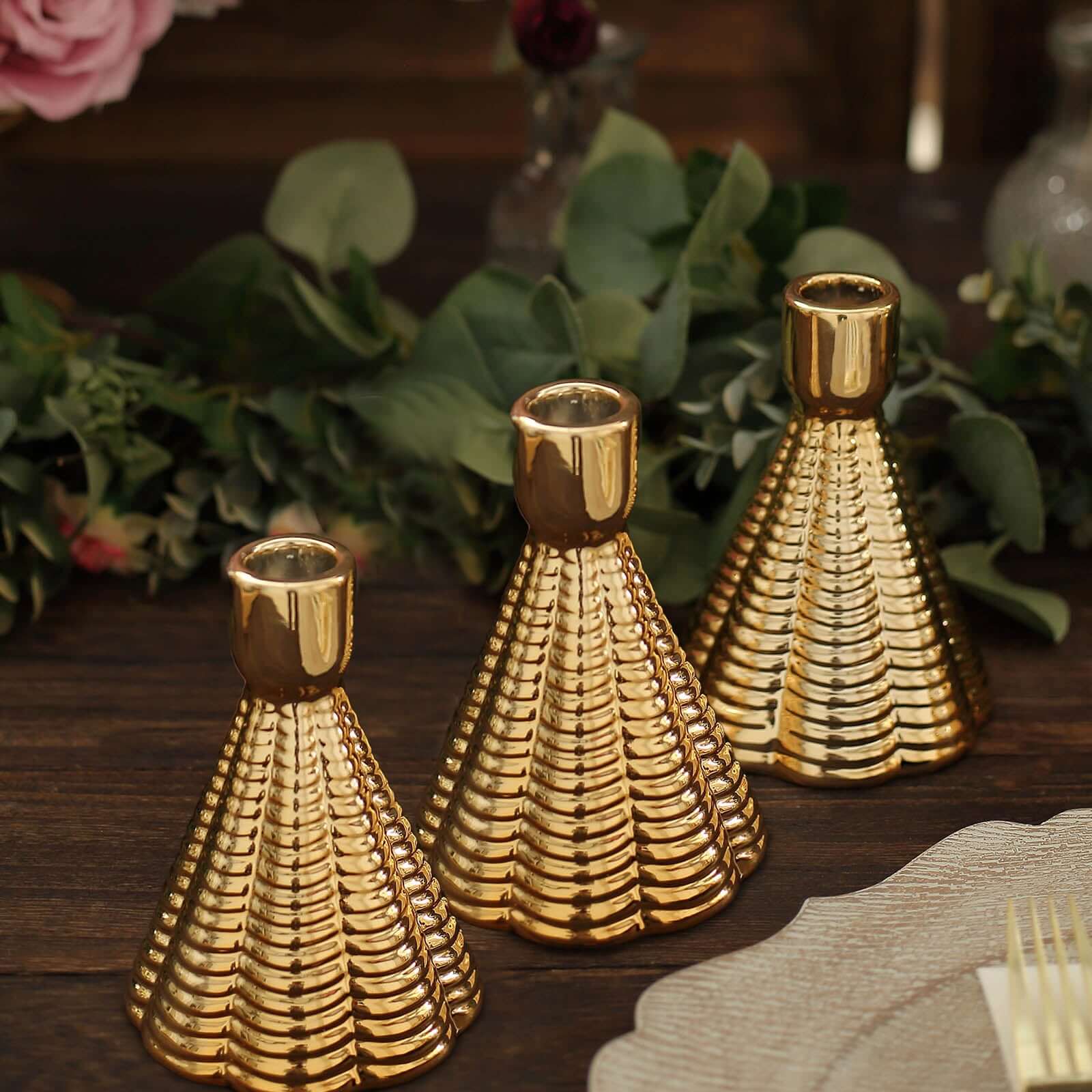 3-Pack Ceramic Taper Candle Holders Ribbed Cone Shaped Design Metallic Gold - Candlestick Stands for Decor 5