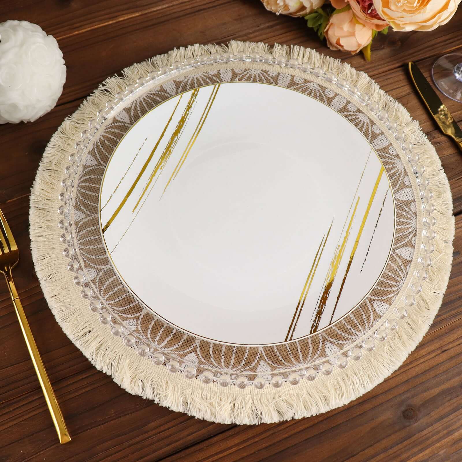 4-Pack Placemats Mandala Print Fringe Design Natural Jute and White Round - Rustic Burlap Tassel Style 15