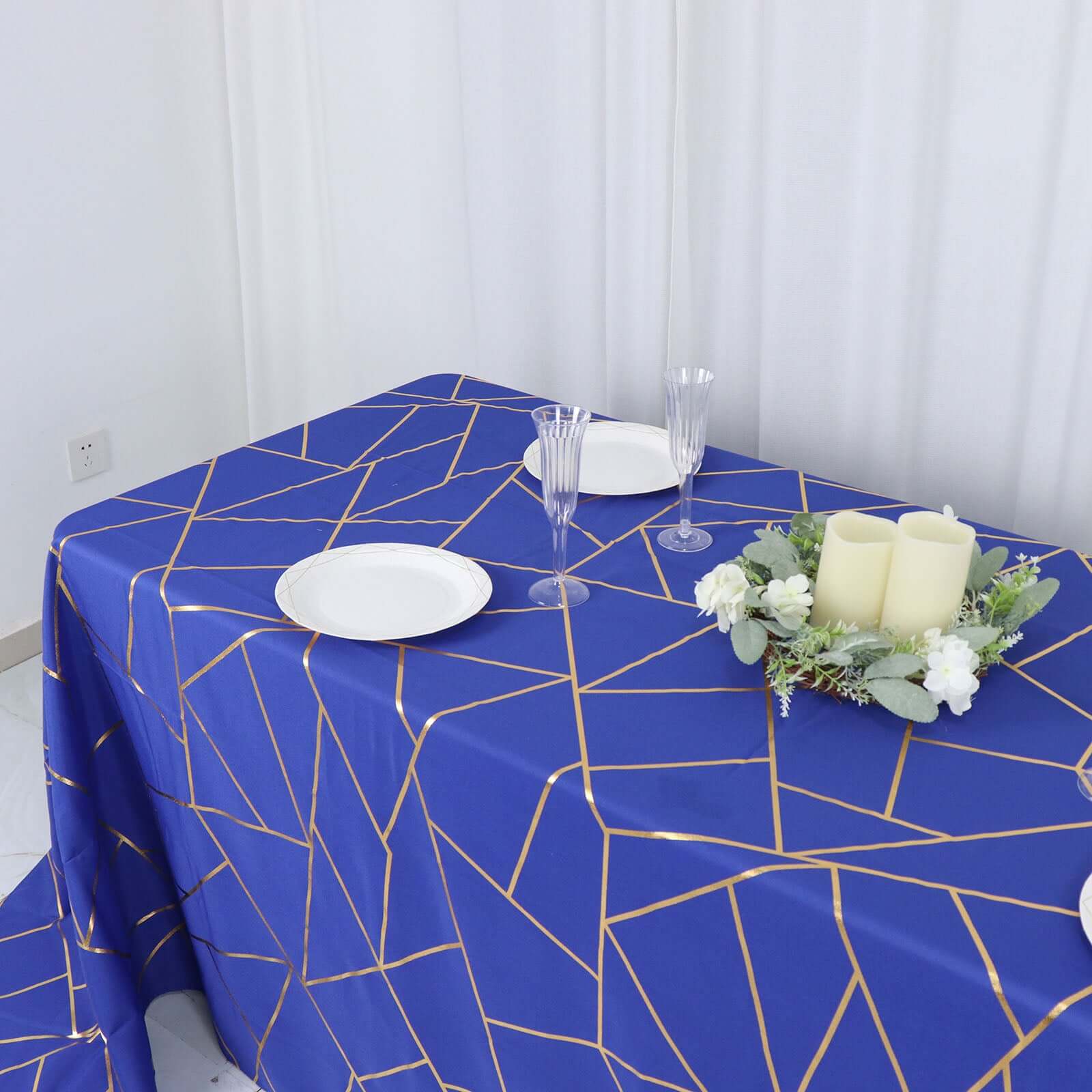 Polyester 90x132 Rectangle Tablecloth Royal Blue with Gold Foil Geometric Pattern - Wrinkle-Resistant Seamless Table Cover