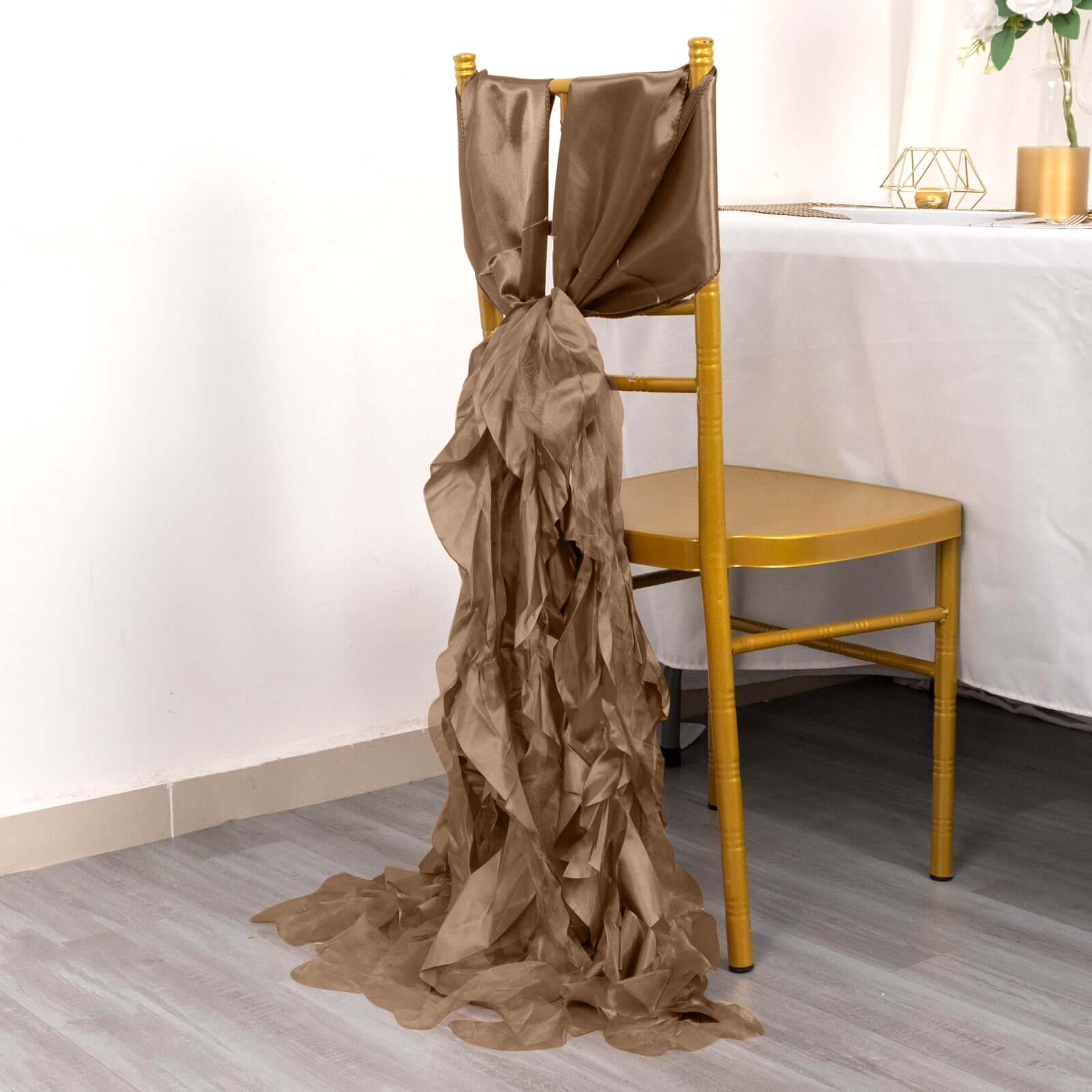 5 Pack Chiffon Satin Chair Sashes Taupe - Easy to Install Ruffled Curly Willow