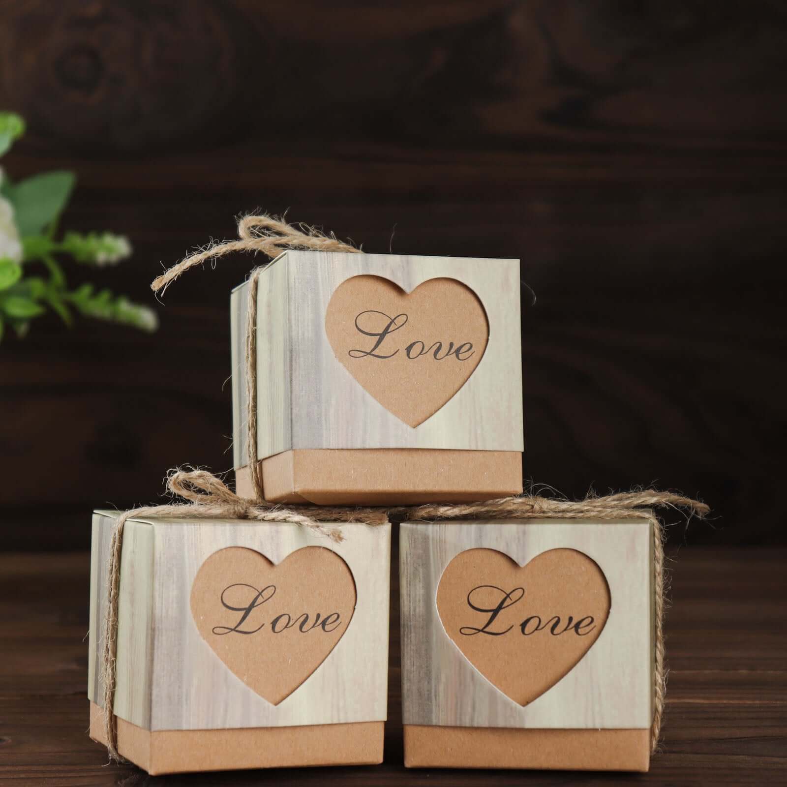 25 Pack 2.5 Rustic Wood Pattern Natural Brown Paper Candy Gift Boxes, Square Party Favor Boxes with Burlap Jute Twine and Love Heart Cut Out