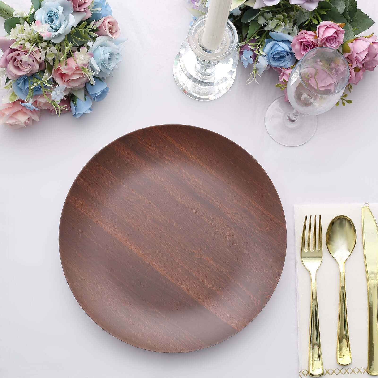 Pack of 6 Melamine 10 Round Dinner Plates in Brown Wood Grain Print - Disposable Shatterproof Party Plates for Rustic Farmhouse-Inspired Table Decor