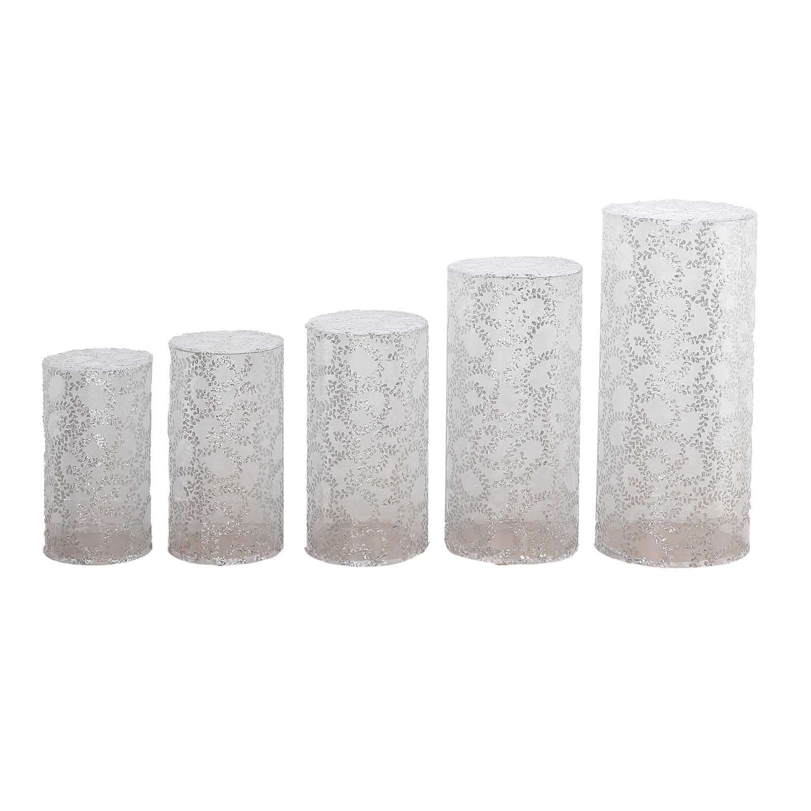 Set of 5 Silver Sequin Mesh Cylinder Pedestal Stand Covers with Leaf Vine Embroidery, Sparkly Sheer Tulle Pillar Prop Covers