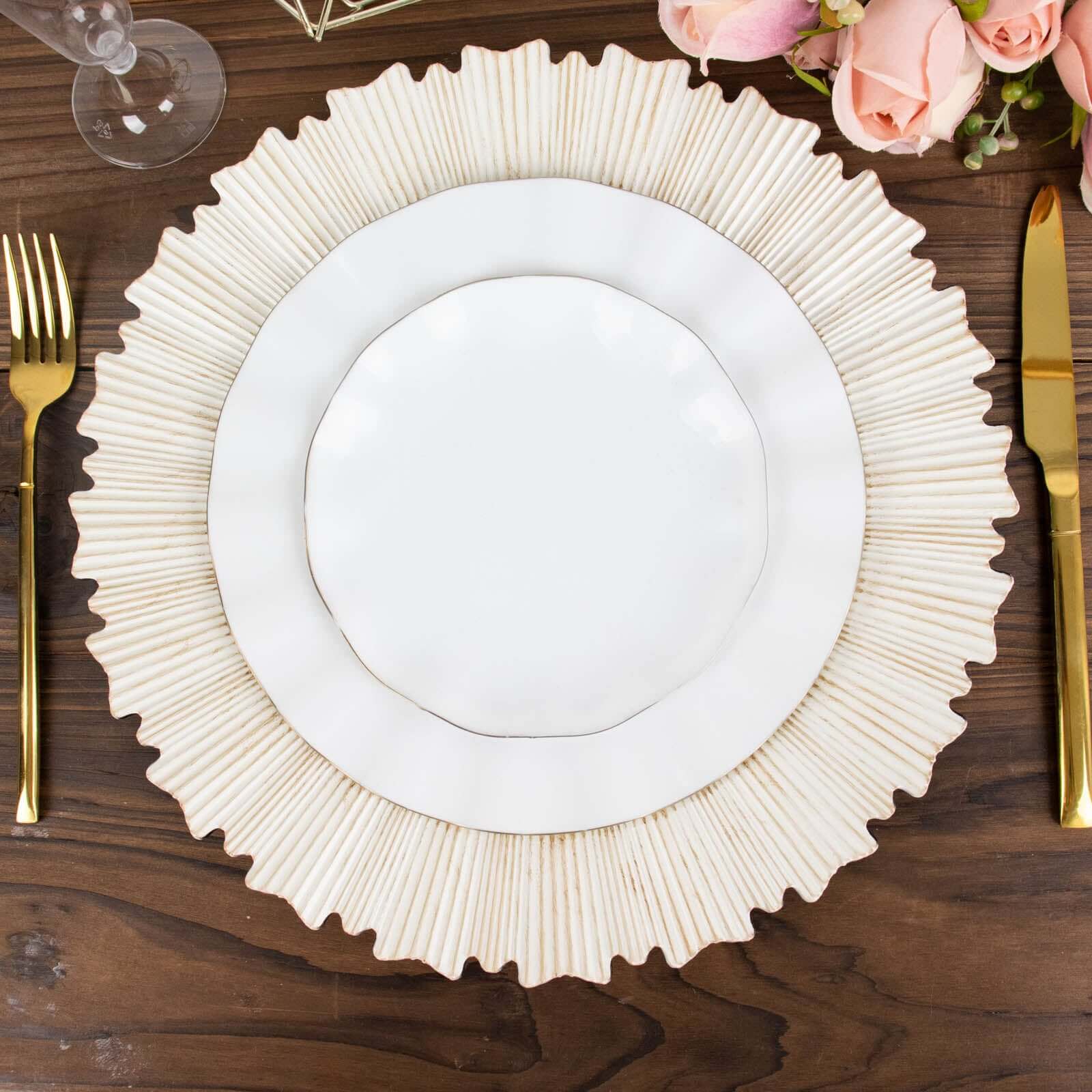 6-Pack Acrylic Plastic Round Charger Plates 13 in Antique White with Sunray Scalloped Rim, Decorative Dinner Party Charger Tableware