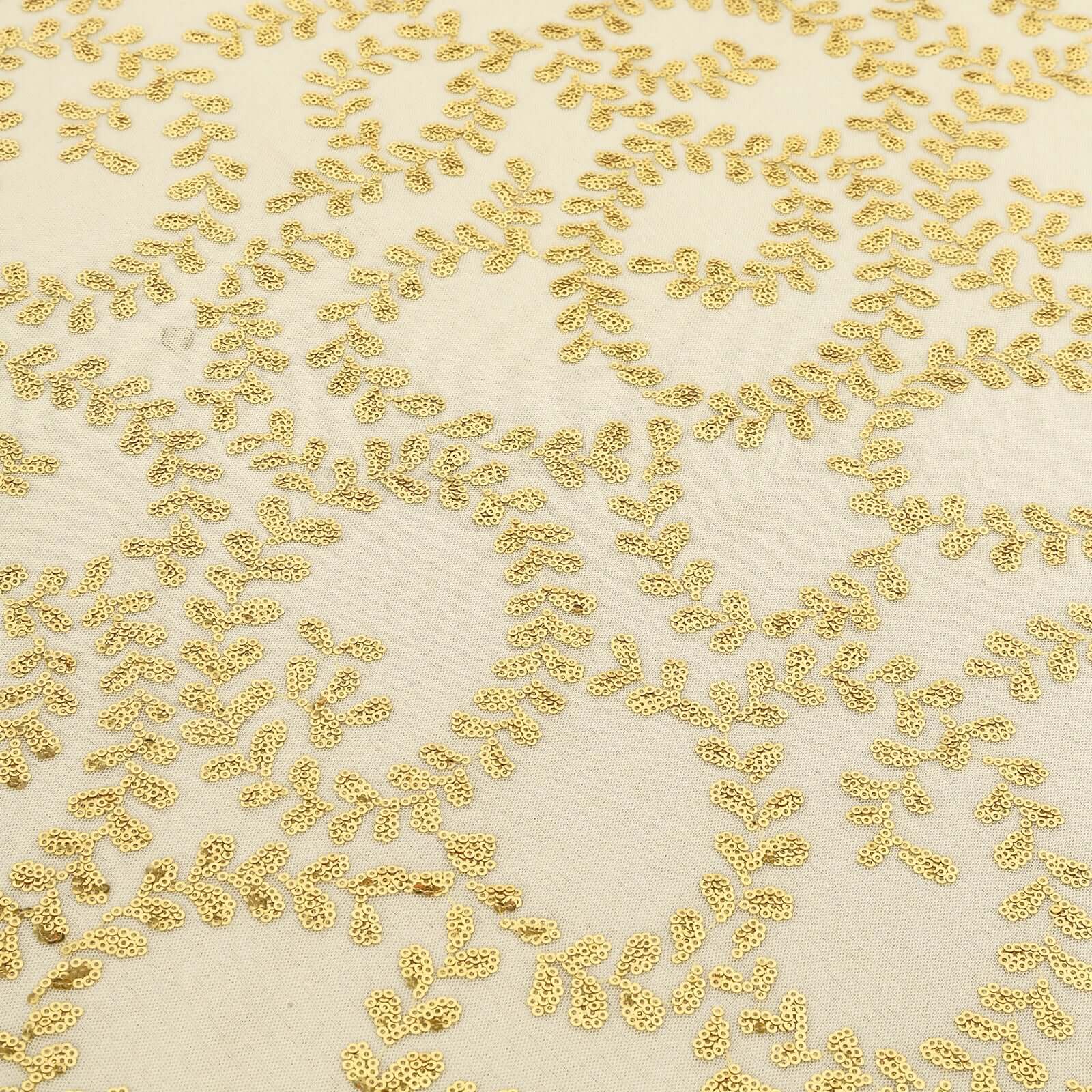 Tulle 120 Round Tablecloth Gold - Seamless Sequin Leaf Embroidered Design for Sophisticated Occasions