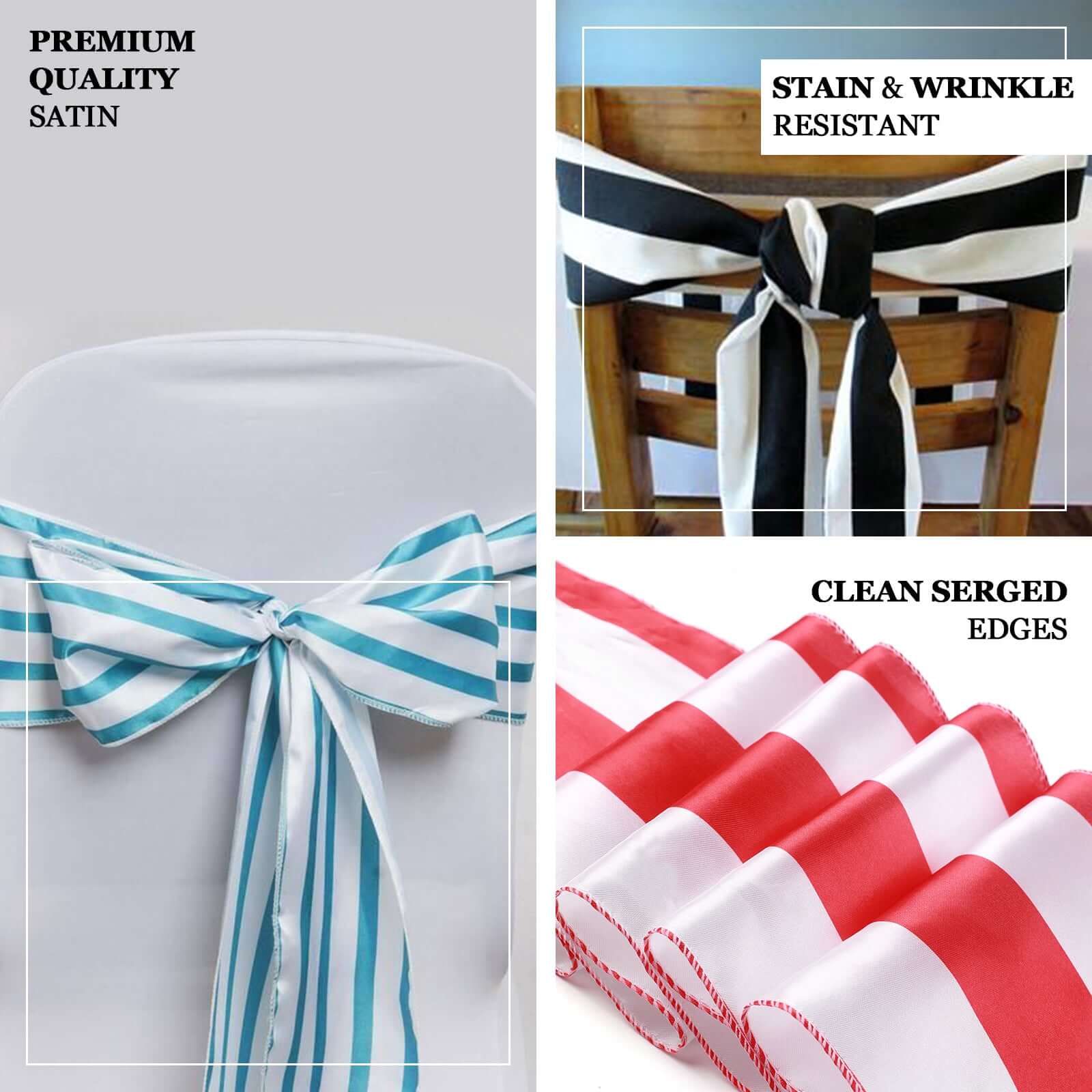 5 Pack Satin 6x108 Chair Sashes Red/White Stripes - Sophisticated Decor for Weddings & Gatherings