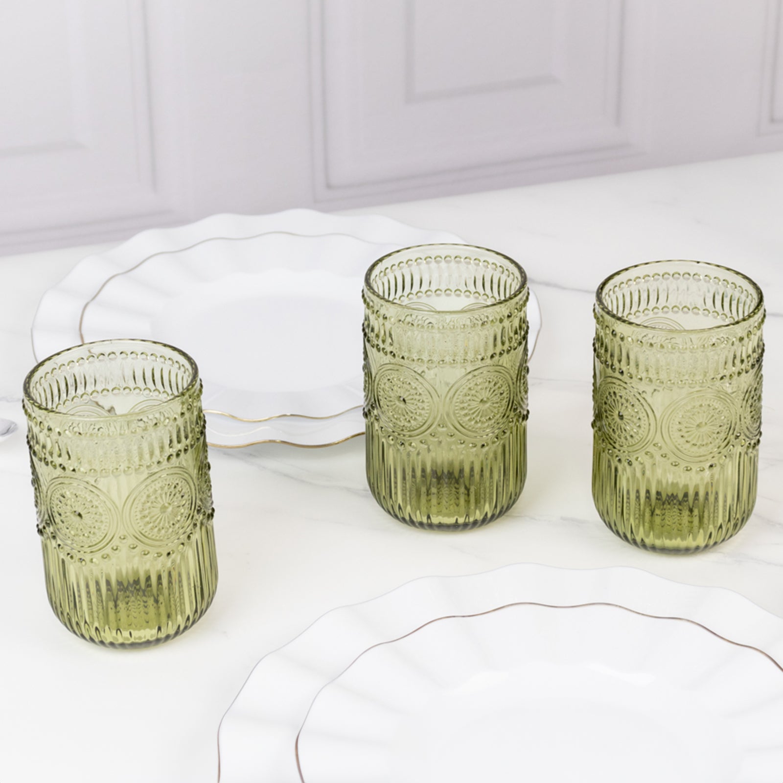 6-Pack Glass Tumblers Dusty Sage Green Vintage Embossed Design with Textured Floral Pattern - Highball Glasses for Drinks & Parties 14oz