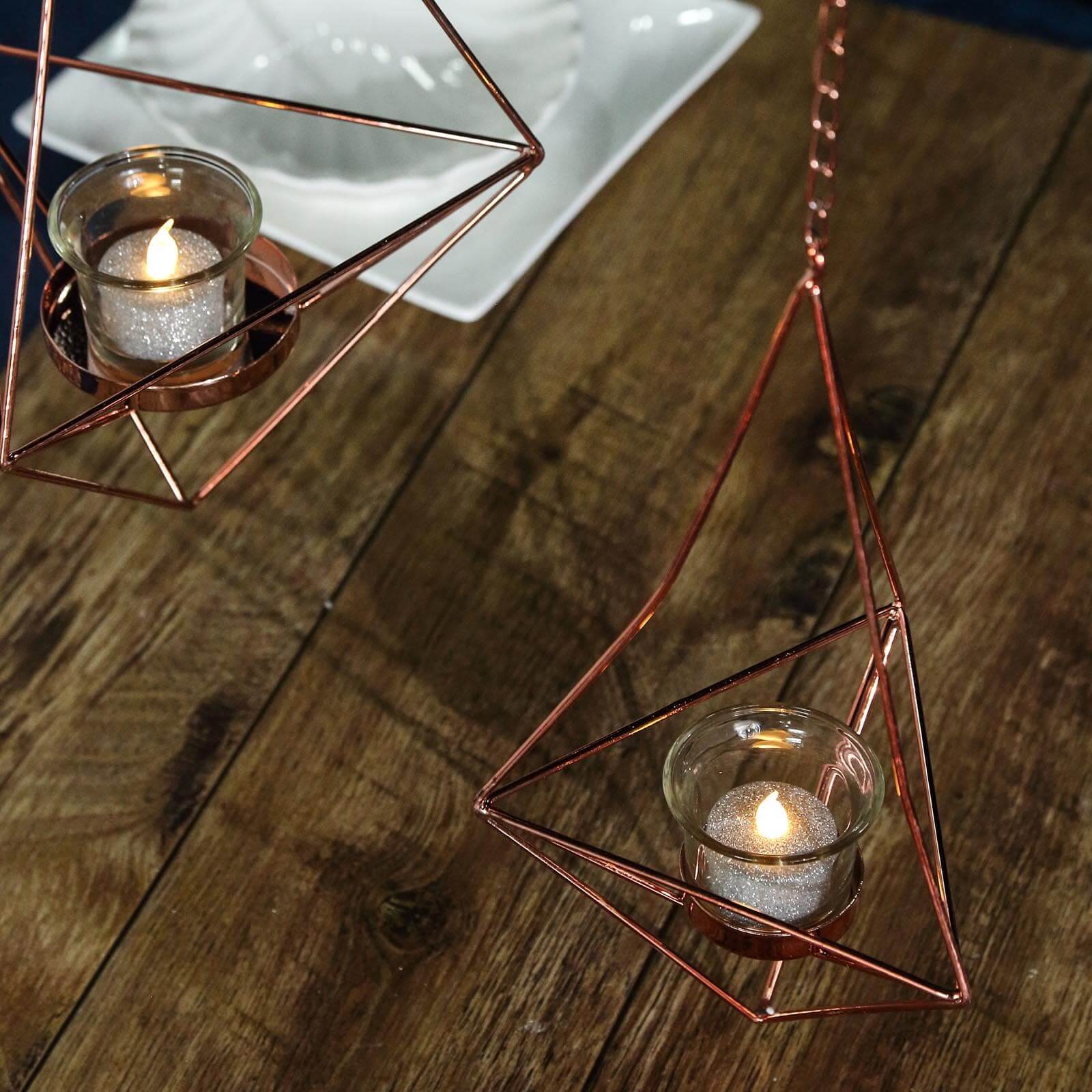 Set of 2 Hanging Tealight Candle Holders Rose Gold Metal Diamond Geometric Open Frame - Flower Terrariums 12, 15