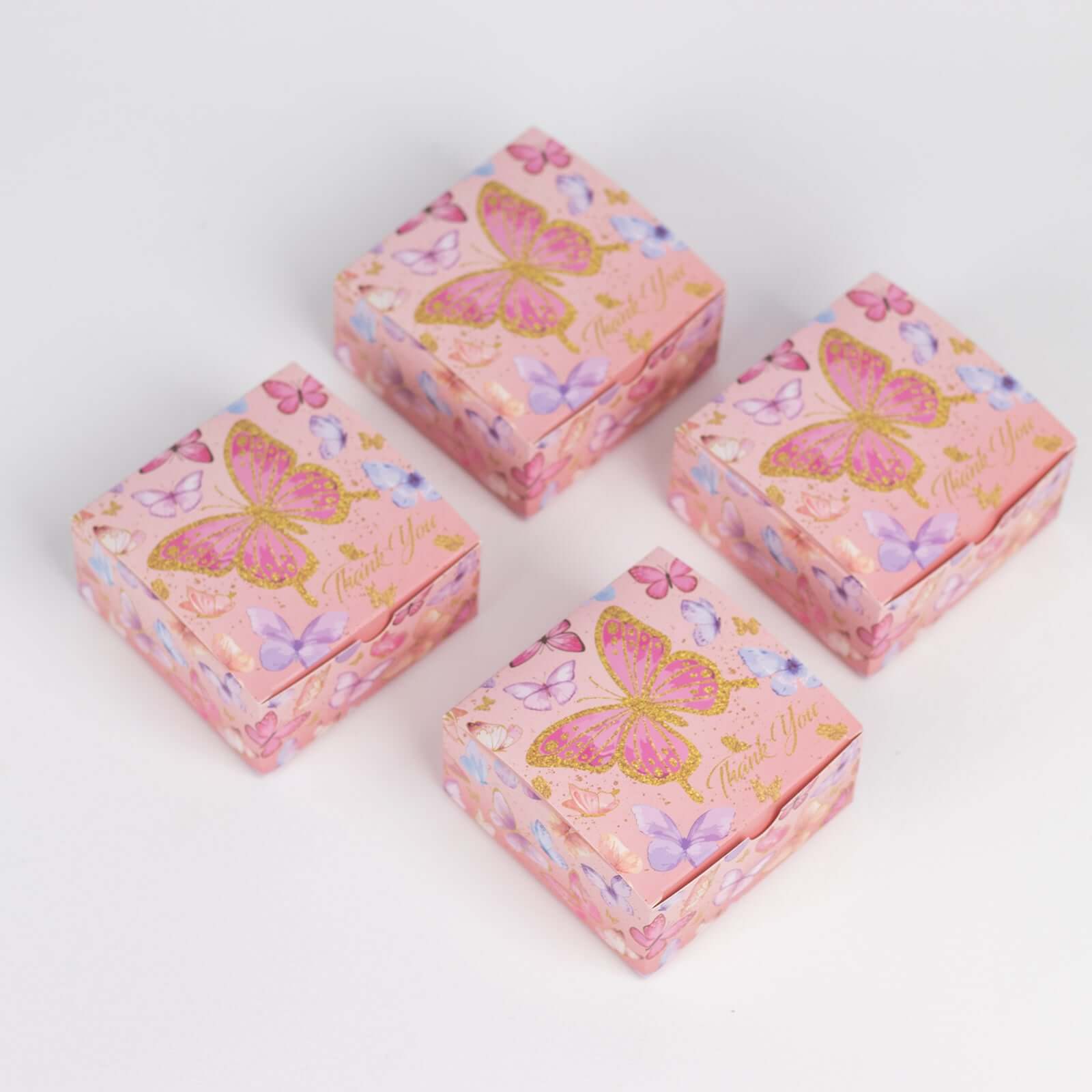 25 Pack Pink Butterfly Themed Candy Gift Boxes with Thank You Print, Cardstock Paper Party Favor Boxes - 4x4x2