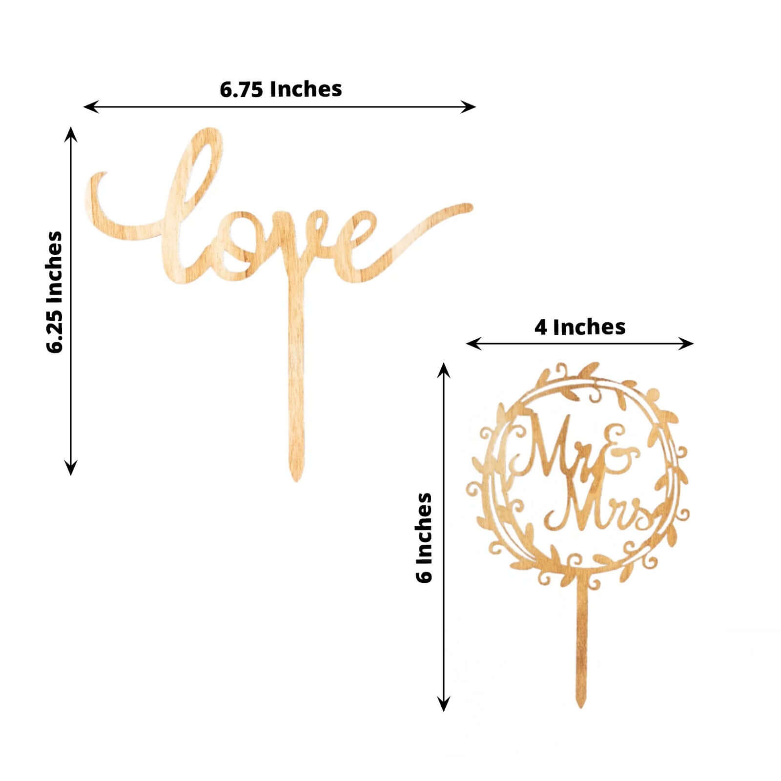 Set of 2 Wooden Cake Toppers Mr & Mrs and Love Design Natural - Rustic Wedding Cupcake Decorations