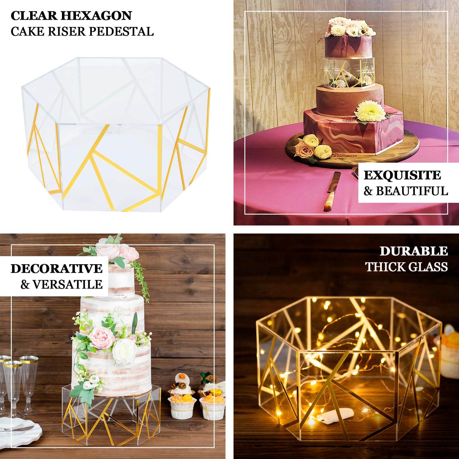 Acrylic Cake Stand Pedestal Riser Box Hexagonal Design Clear and Gold 10x5 - Decorative Event Display