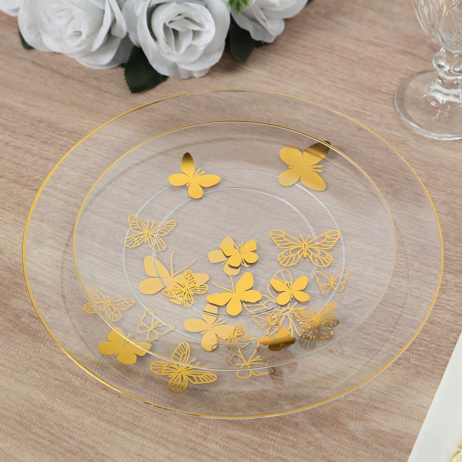 Set of 20 Plastic Round Dinner and Salad Plates in Clear with Gold Butterfly Design & Gold Rim - Stylish Disposable Dinnerware 8, 10