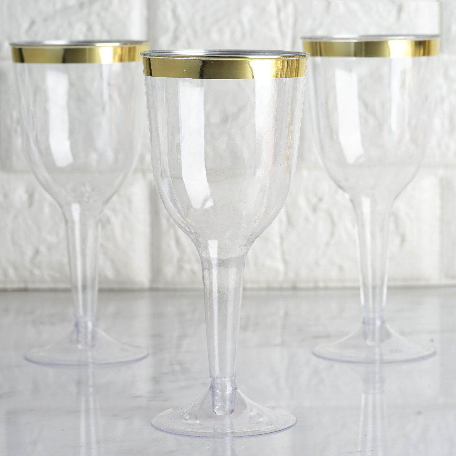 12-Pack Plastic Wine Goblet Glasses Clear/Gold Rim Hollow Stem - Stylish Disposable Cups with Detachable Base for Events 9oz