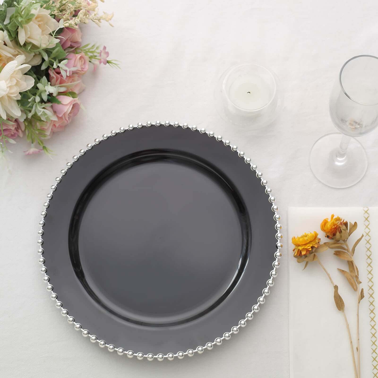 10-Pack Plastic 10 Round Dinner Plates in Black with Silver Beaded Rim - Disposable Party Plates