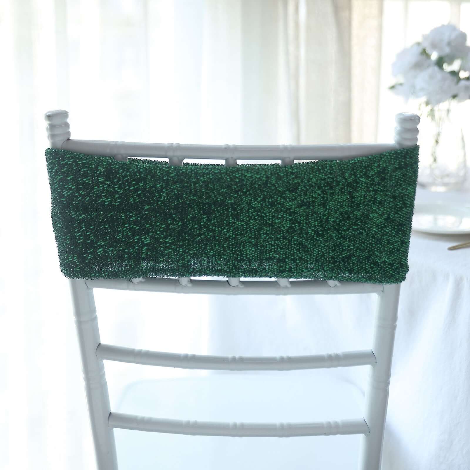 5 Pack Metallic Shimmer Tinsel Spandex Chair Sashes Hunter Emerald Green - Durable and Reusable Stretch Chair Bands