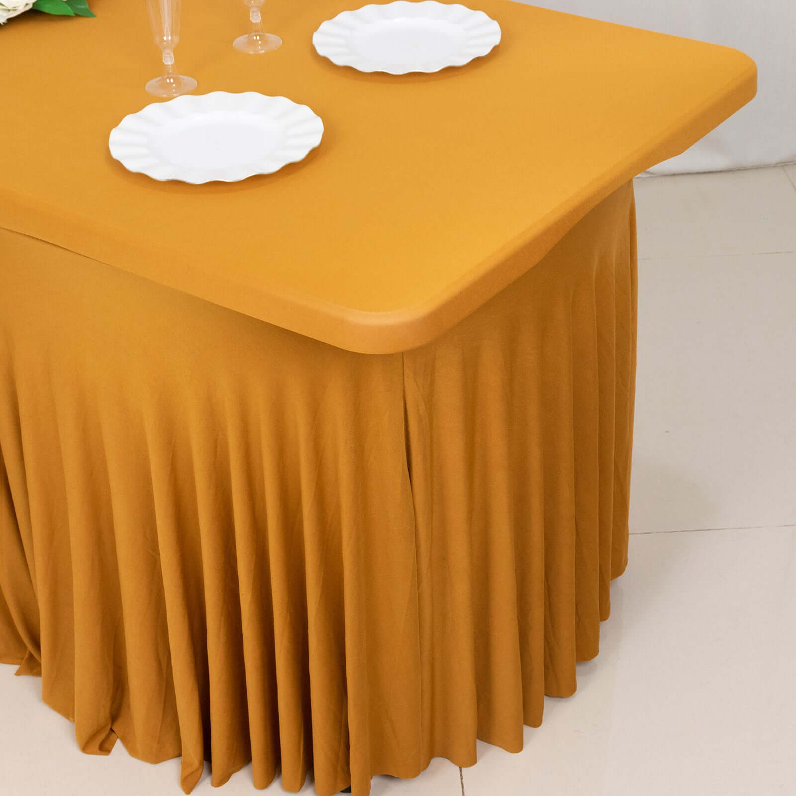 Spandex Rectangle 72x30 Table Skirt Gold with Wavy Skirt-Like Effect Stylish Table Cover for Weddings, Banquets & Trade Shows