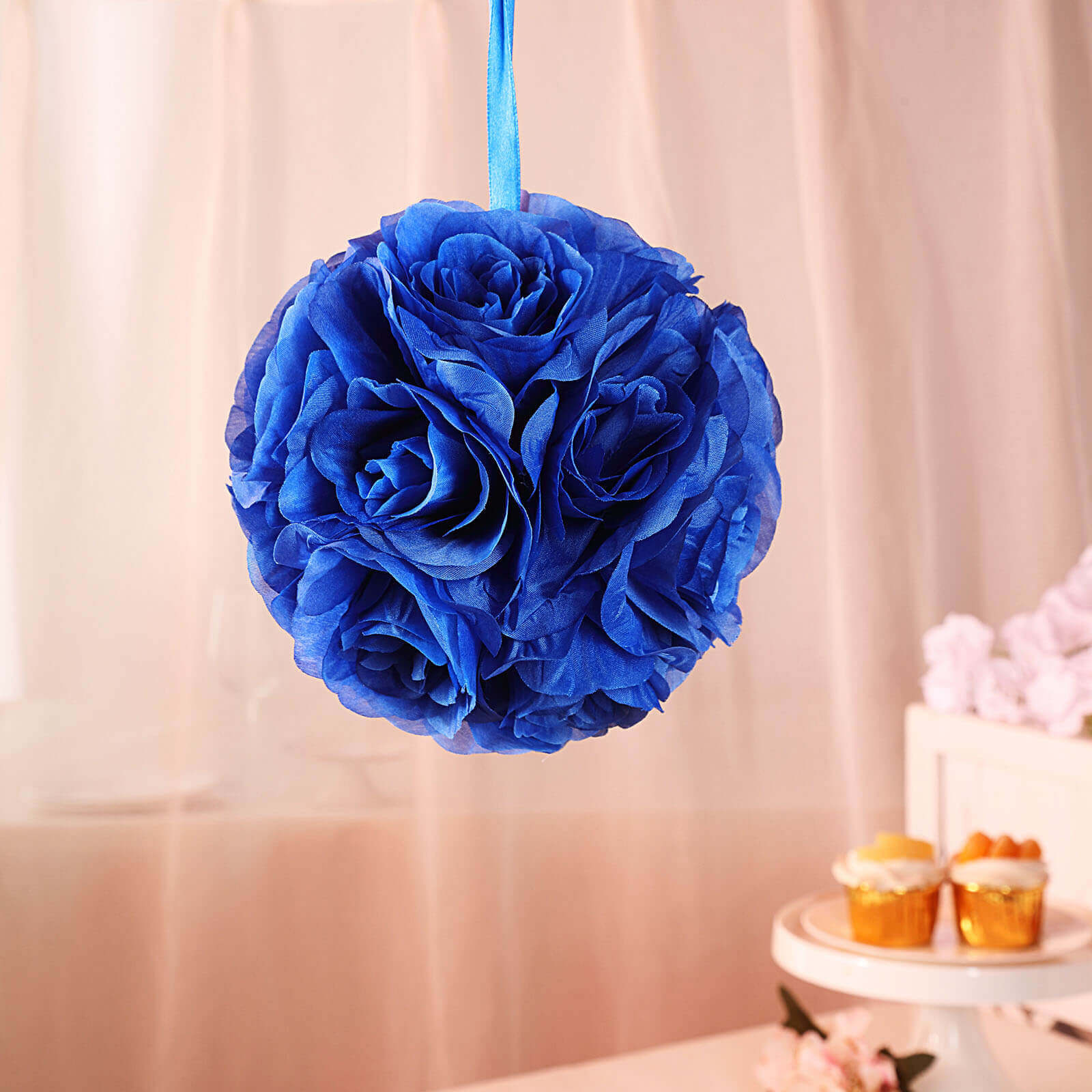 2 Pack 7 Royal Blue Artificial Silk Rose Kissing Ball, Faux Flower Ball