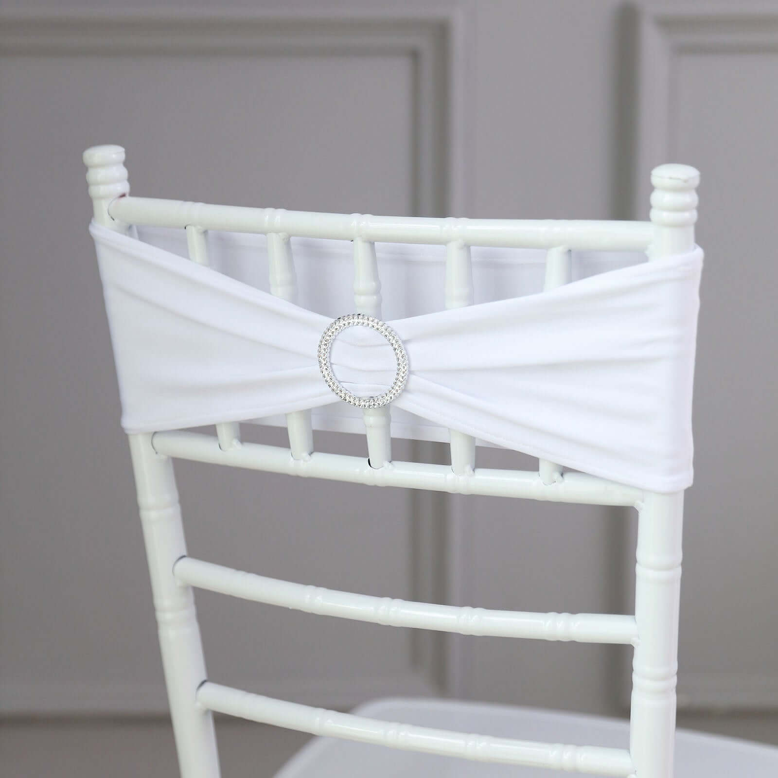5 Pack Stretch Spandex Chair Sashes White - Classy Reusable Chair Bands with Silver Diamond Ring Slide Buckle 5x14