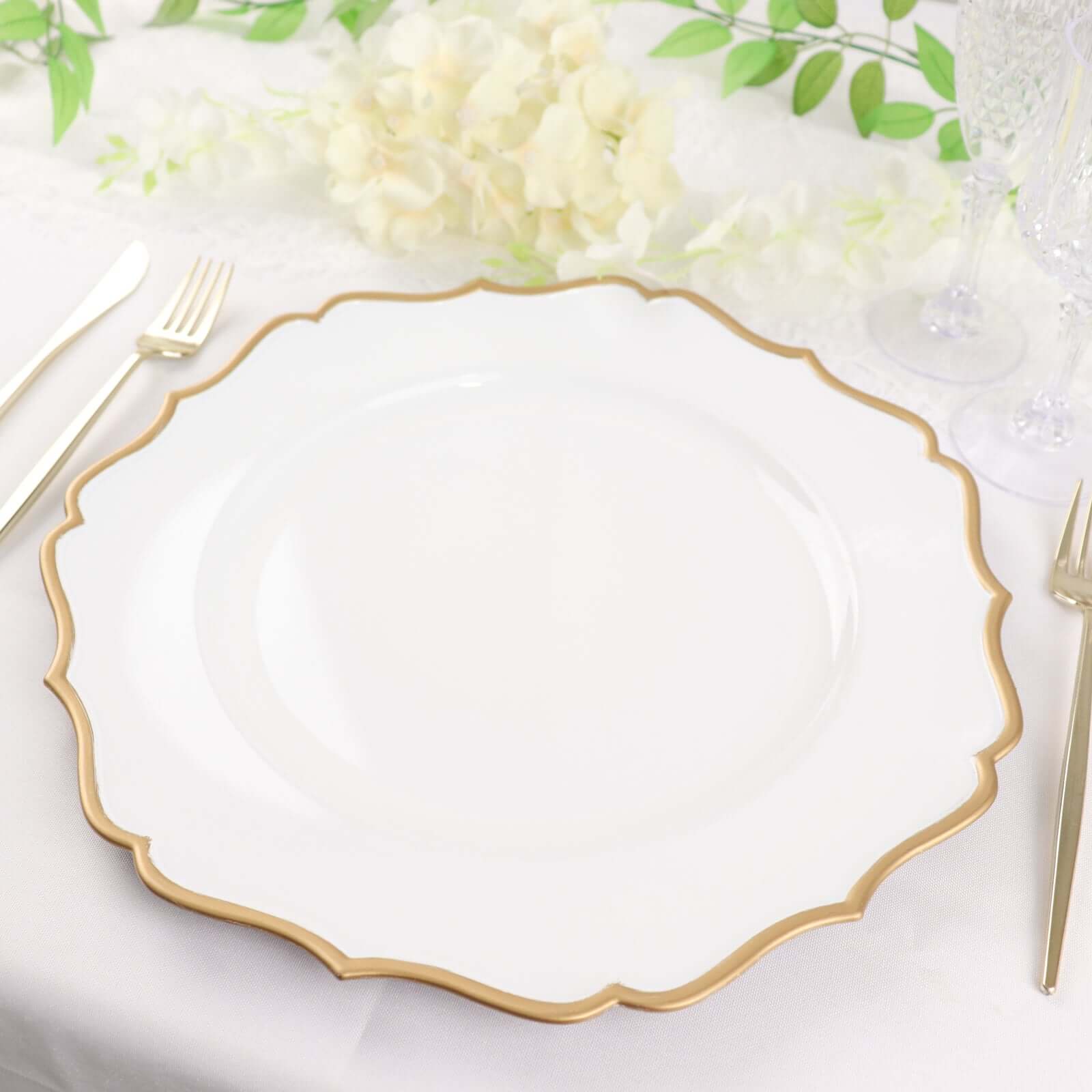6-Pack Acrylic Round Charger Plates 13 in White with Gold Scalloped Rim, Decorative Dinner Party Plastic Charger Tableware