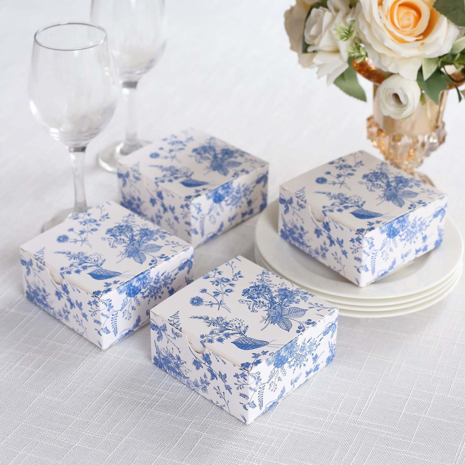 25 Pack White Blue Paper Favor Boxes in French Toile Pattern, Cardstock Party Shower Candy Gift Boxes - 4x4x2