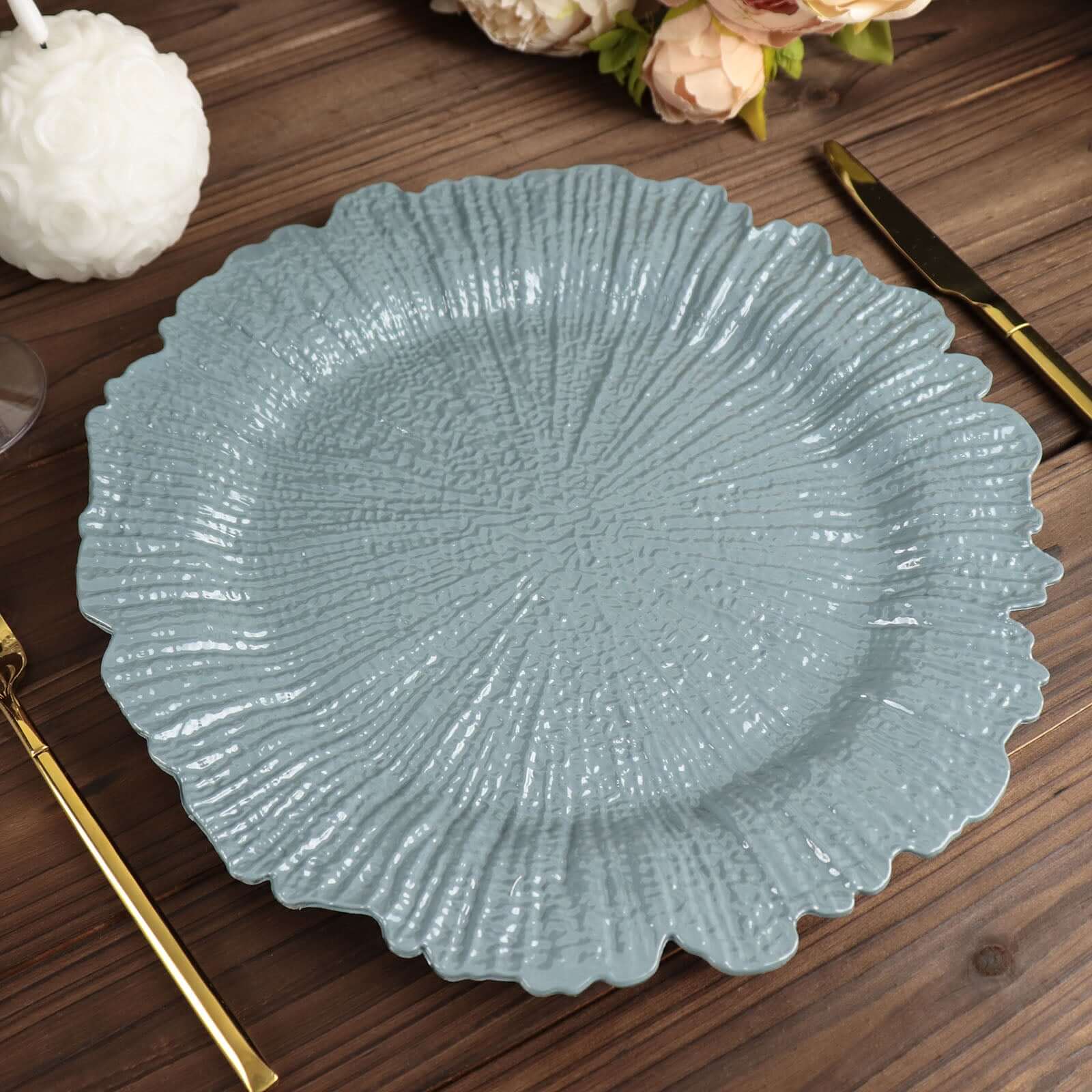 6-Pack Acrylic Plastic Round Charger Plates 13 in Dusty Blue with Reef Design, Dinner Charger Tableware