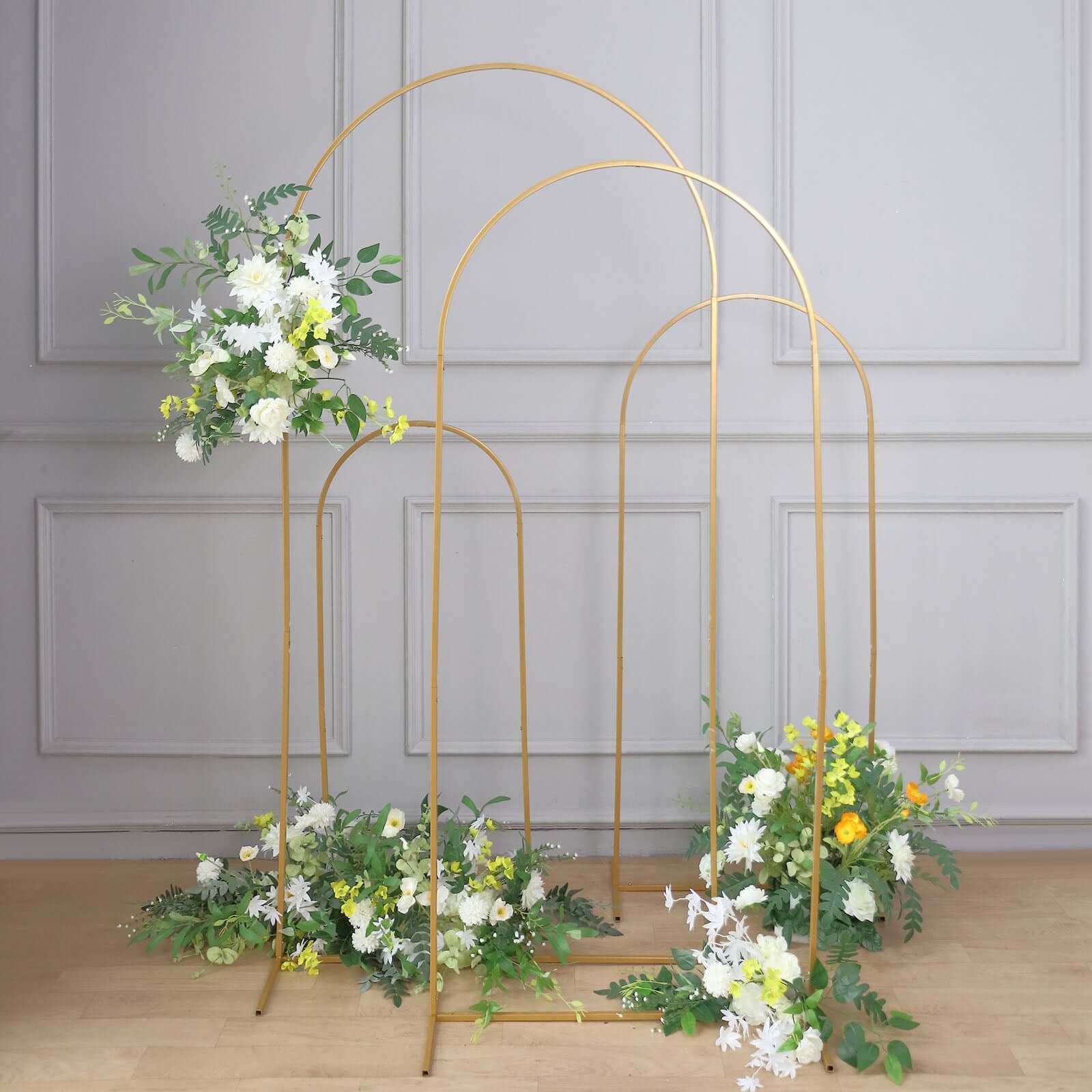 Set of 4 Gold Metal Wedding Arch Chiara Backdrop Stand Floral Display Frame With Round Top