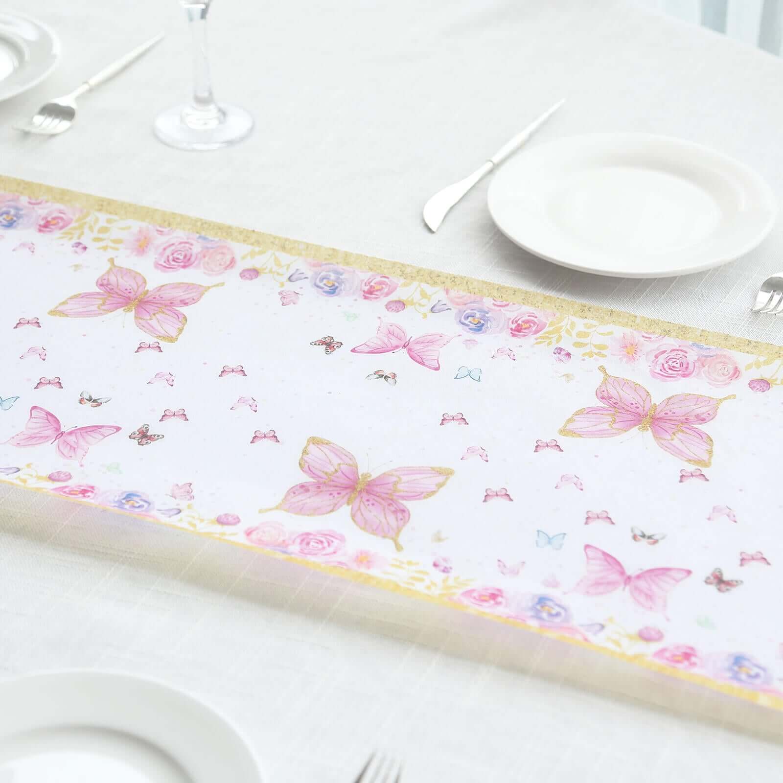 5 Pack Disposable Table Runners 11x108 White with Pink Butterflies - Non-woven Stylish Spring Summer Dining Decor