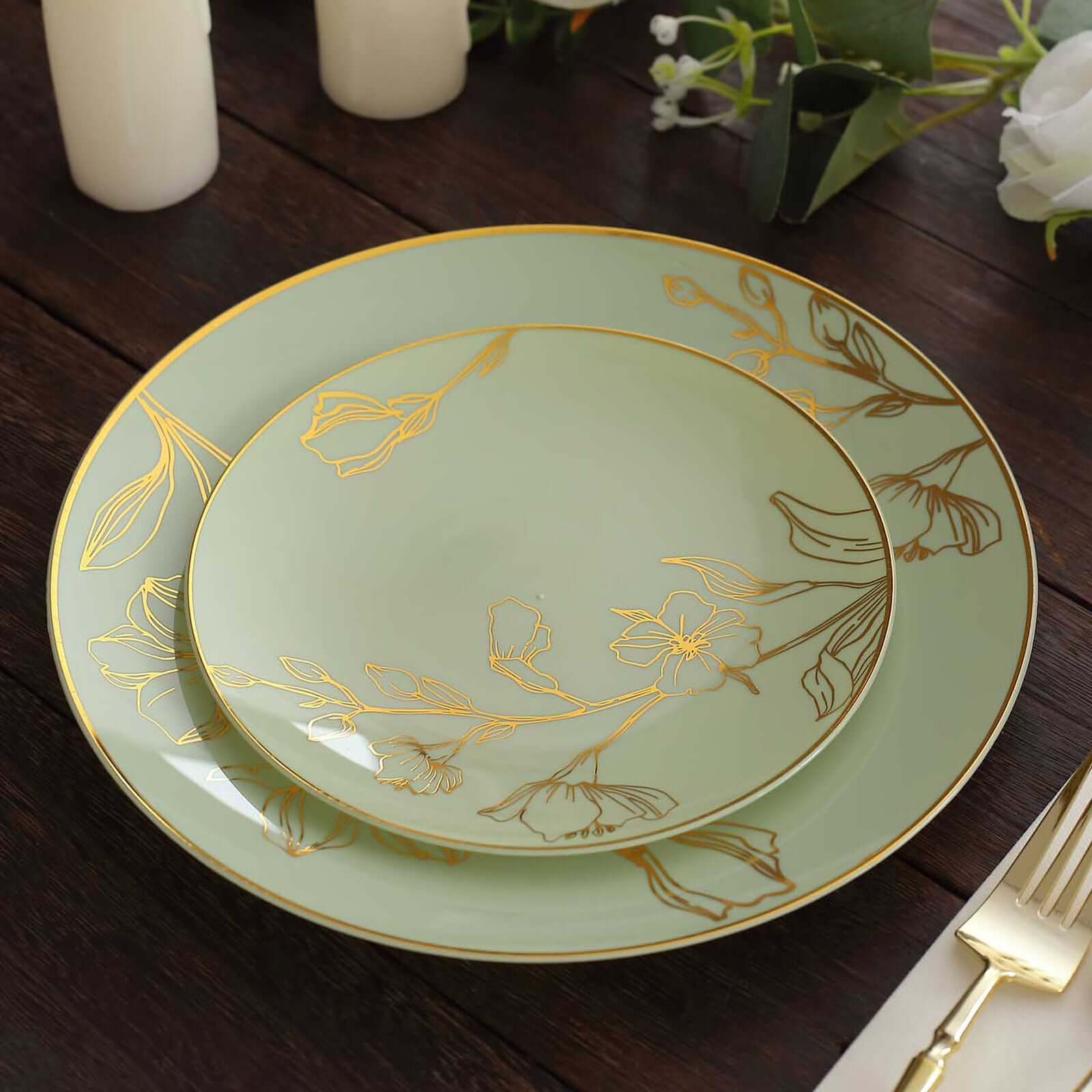 Set of 20 Plastic Round Dinner and Dessert Plates in Sage Green with Metallic Gold Floral Design - Stylish Disposable Dinnerware 8, 10