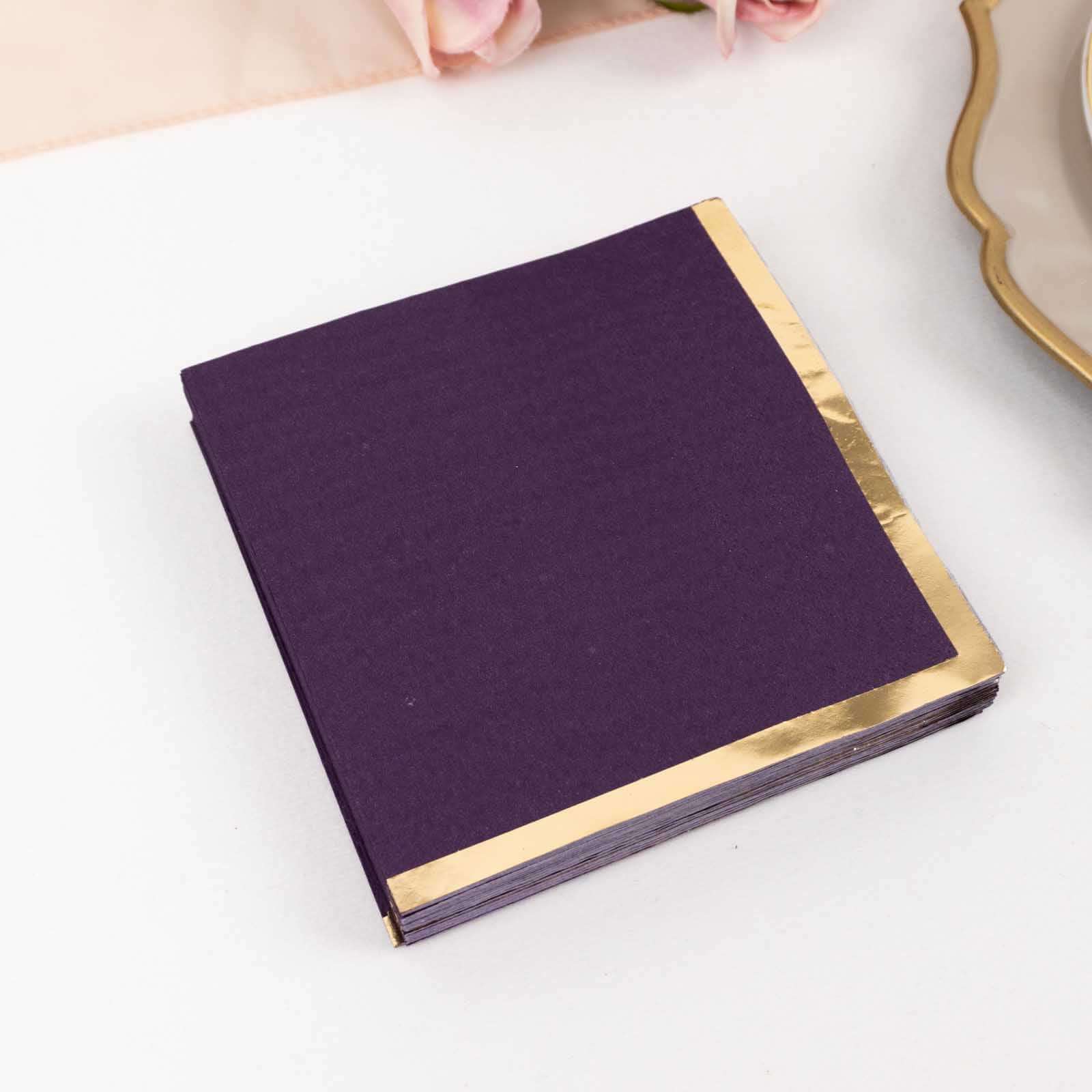 50-Pack Paper Beverage Napkins Purple with Gold Foil Edge - 2 Ply Disposable Soft 18GSM Cocktail Napkins 5x5