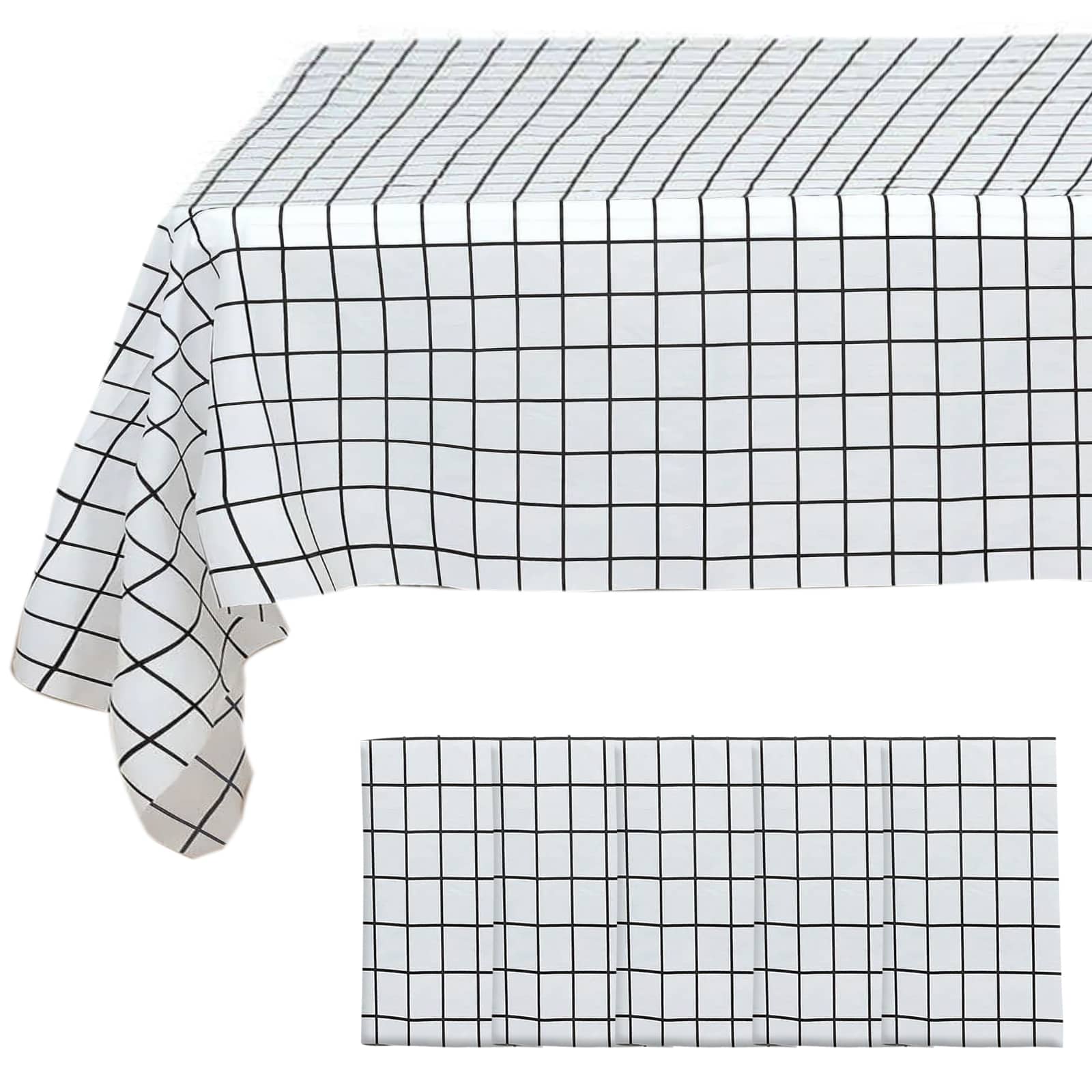 5-Pack Plastic Table Covers Black/White Grid Rectangle - Durable Checkered PVC Disposable Tablecloths 54x108