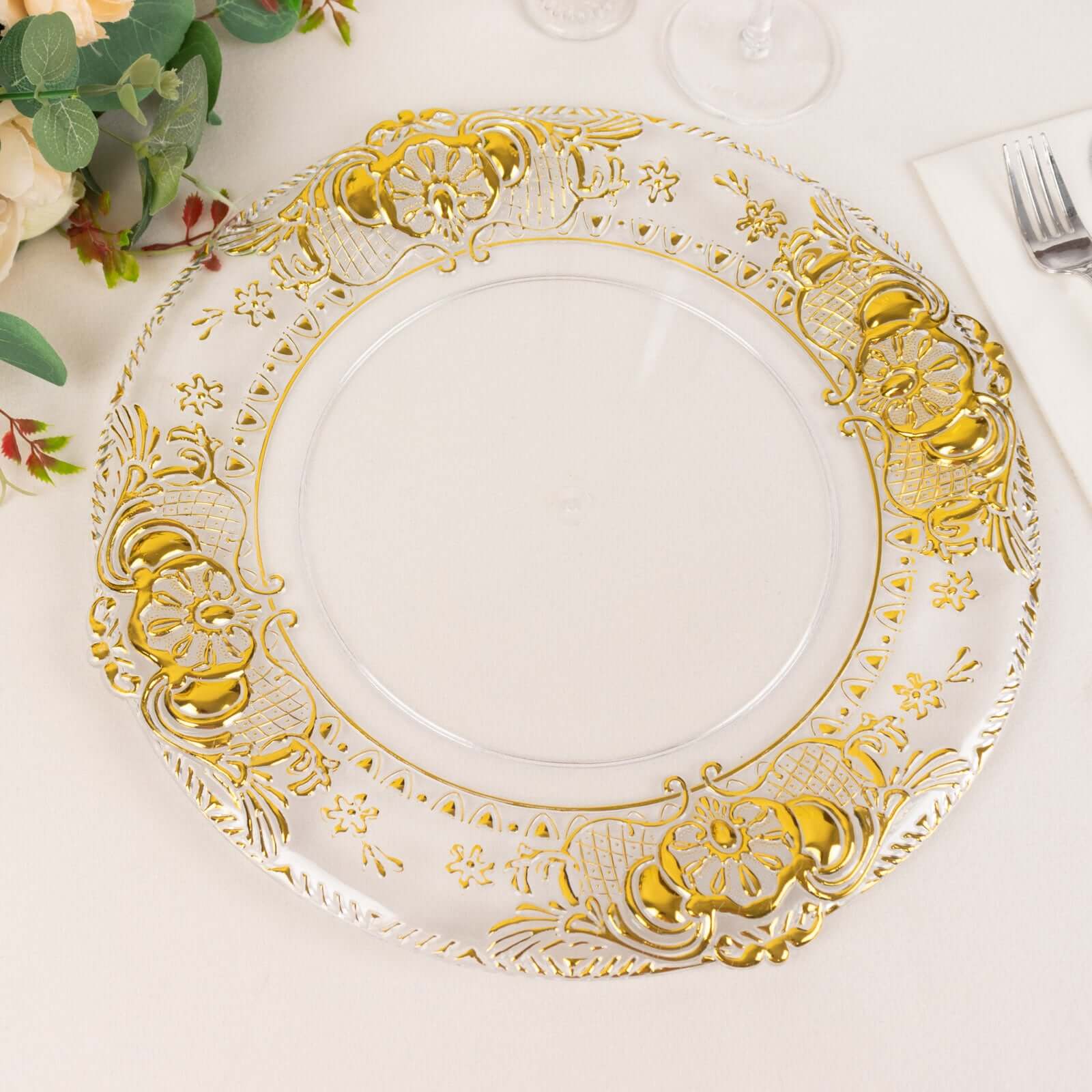 6-Pack Plastic Round Charger Plates 13 in Clear with Gold Florentine Embossed Rim, Exquisite Dinner Serving Plates