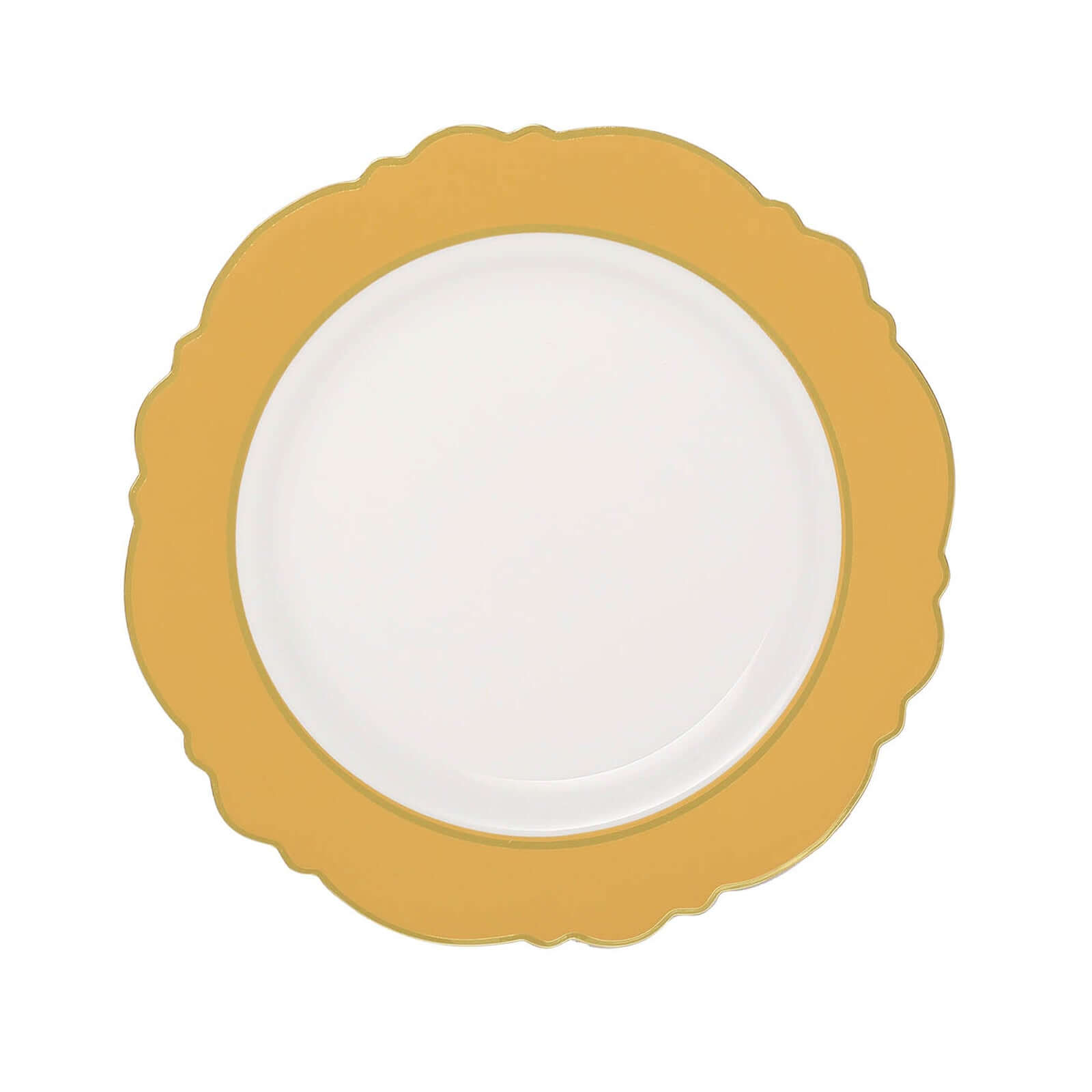 10-Pack Plastic 10 Round Dinner Plates in White with Gold Blossom Design & Gold Edging - Disposable Party Plates for Modern & Classy Table Decor