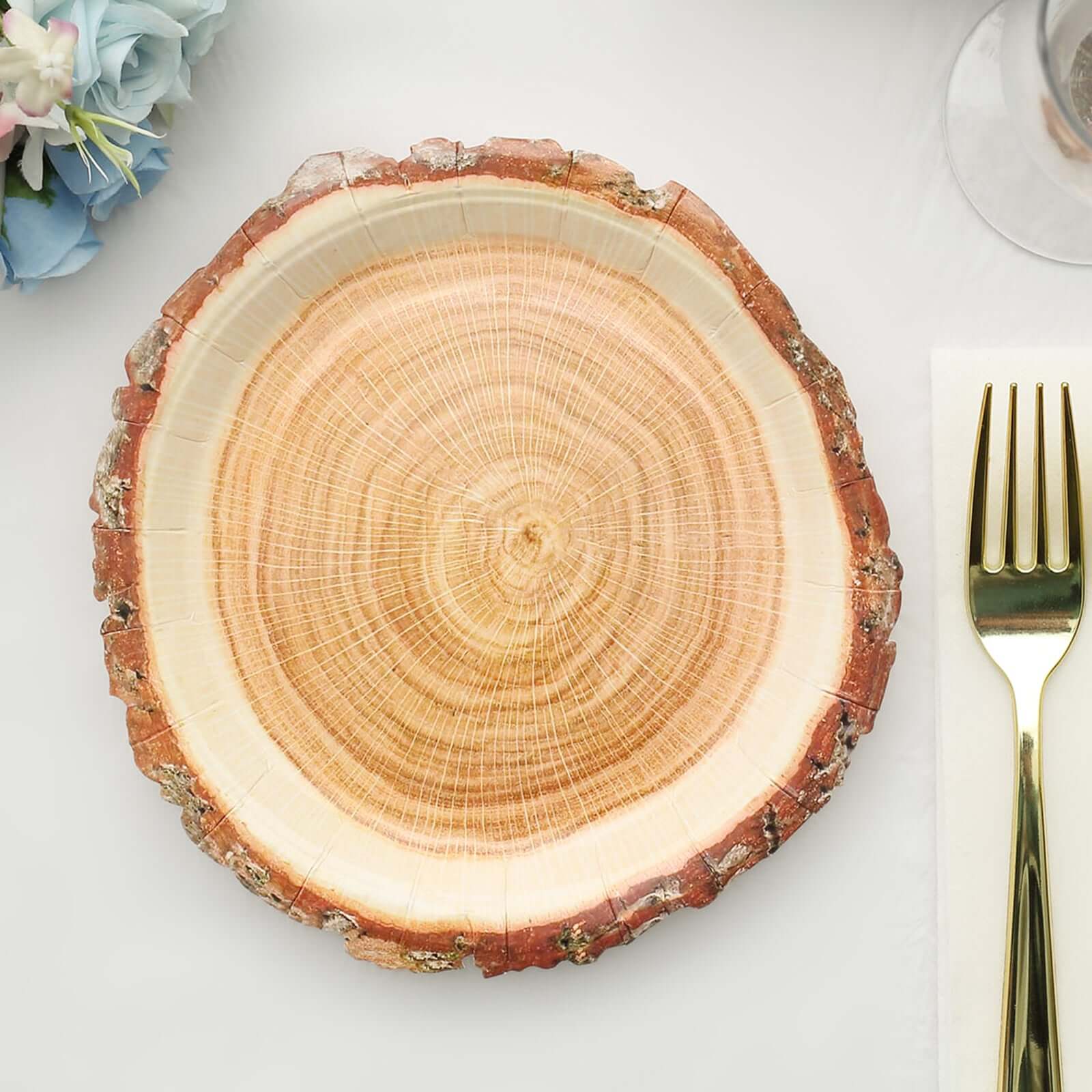 25-Pack Paper 7 Round Dessert Plates in Natural Wood Slice Print - Disposable Appetizer Salad Plates for Rustic Farmhouse Style Events