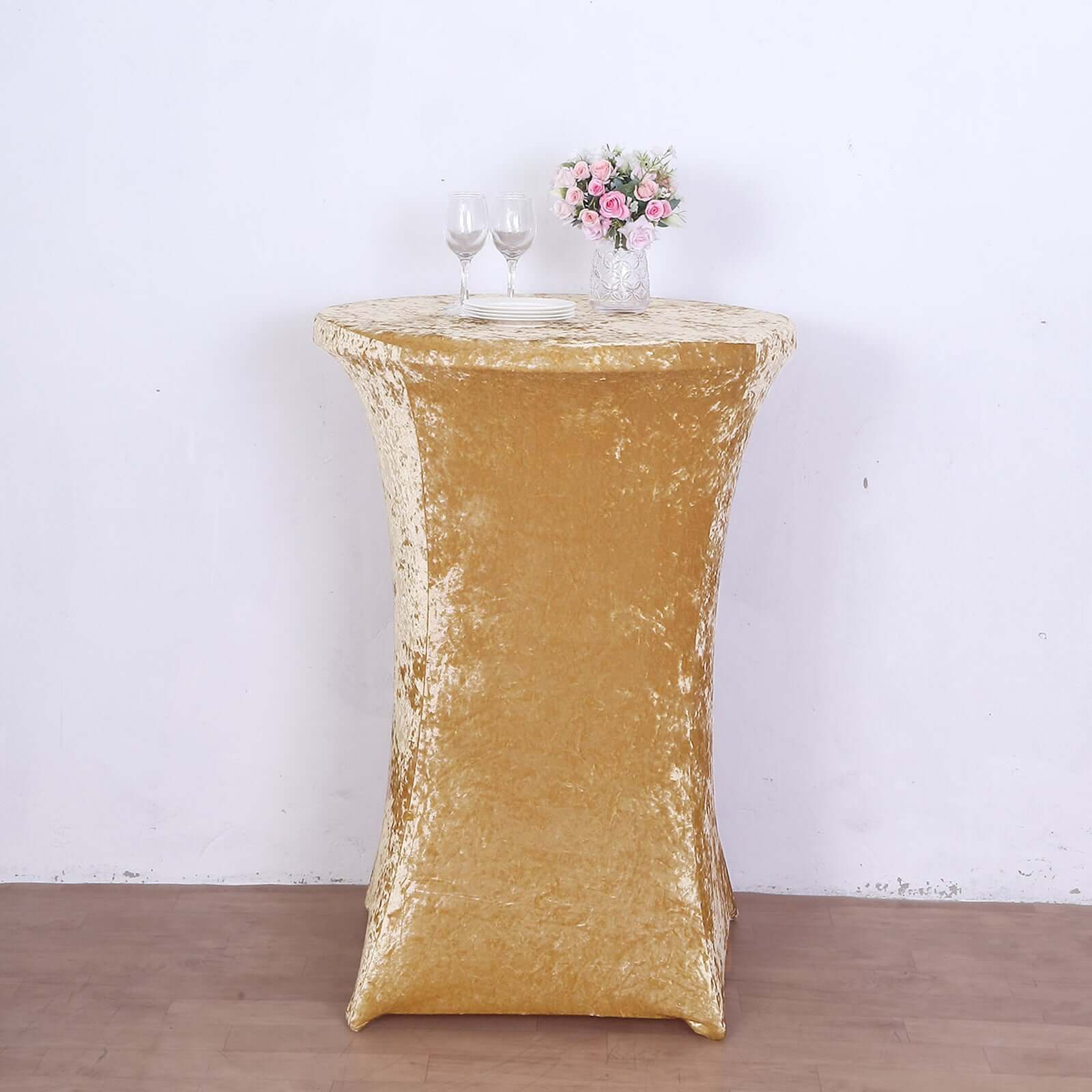 Crushed Velvet Spandex 32 Round Cocktail Table Cover Champagne Smooth Highboy Tablecloth