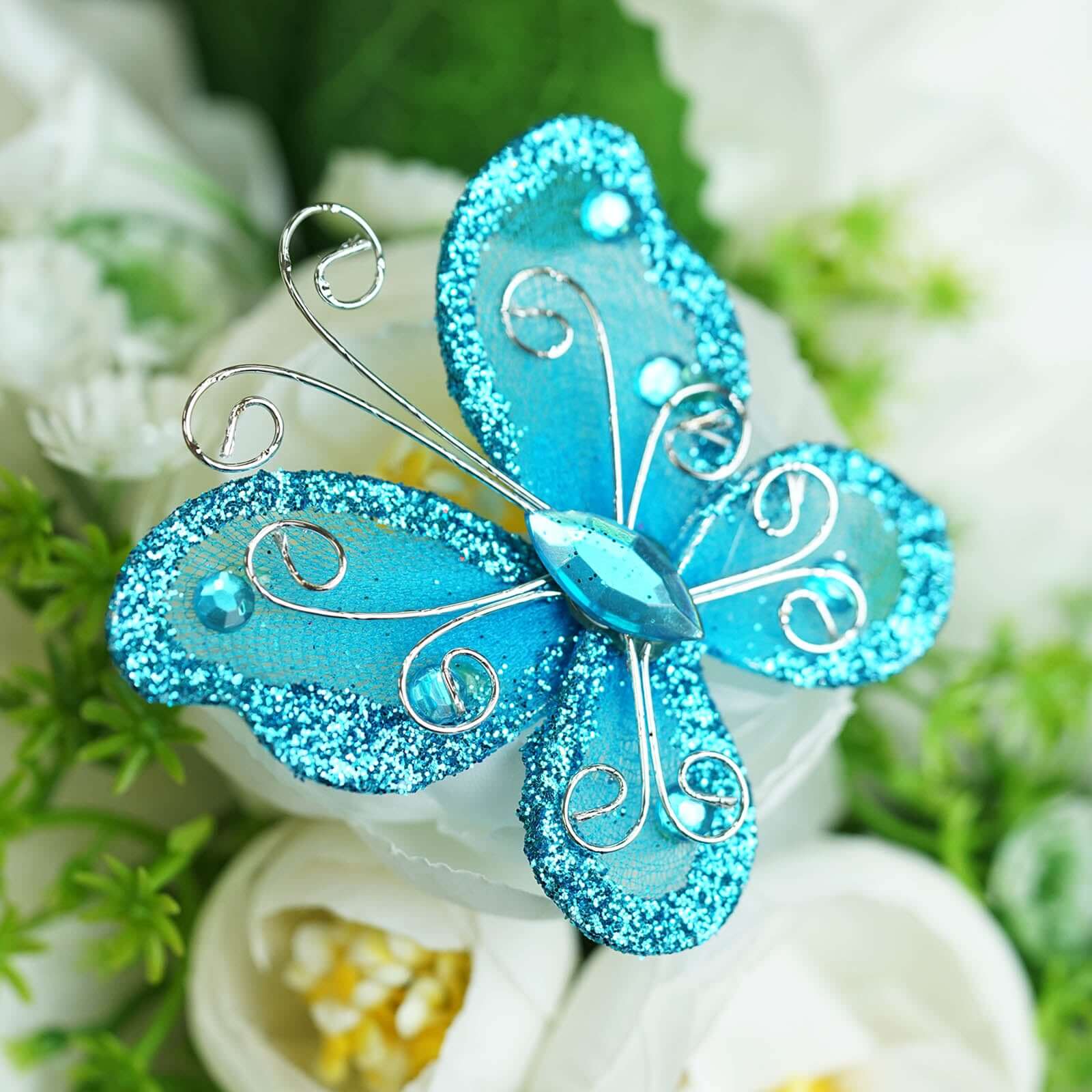 12 Pack 2 Turquoise Diamond Studded Wired Organza Butterflies