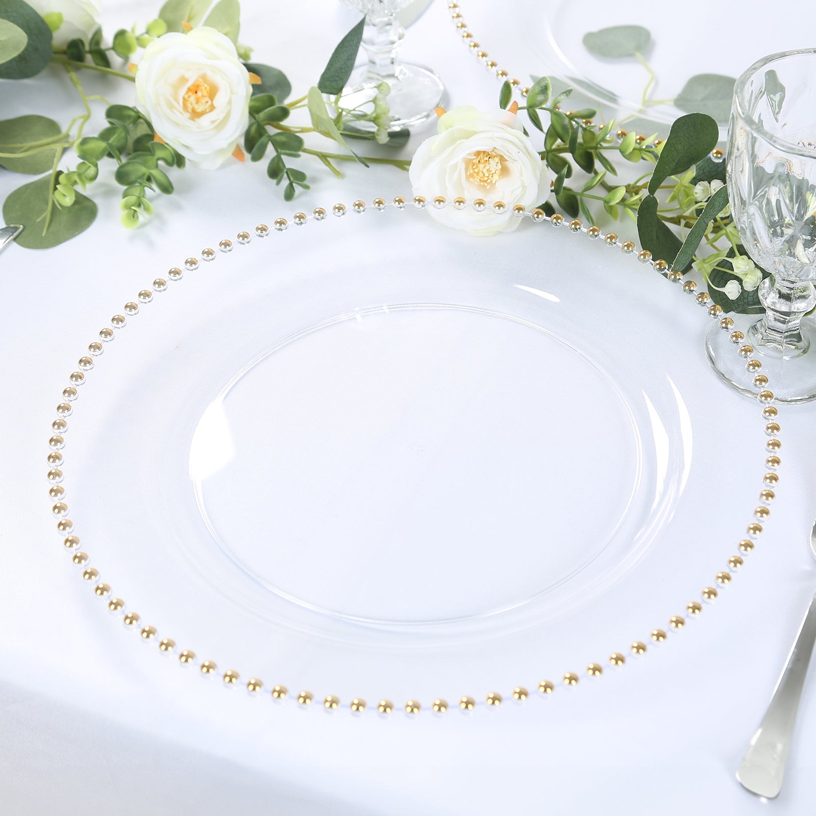 10-Pack Economy Round Plastic Charger Plates 13 in Clear with Gold Beaded Rim, Stylish Dinner Party Serving Plates